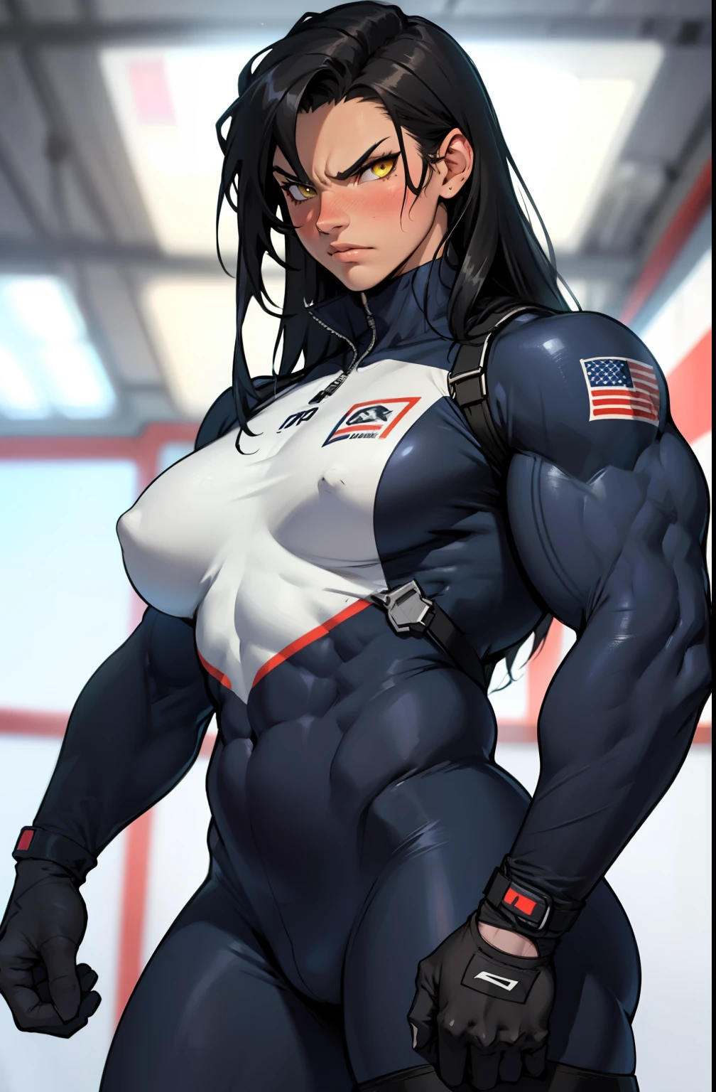 1girl, extremely long hair, solo, ((((muscular)))), veins, black hair, yellow eyes, blushing, (thick thighs), pale skin, strong, veins, abs, big thighs, (huge breasts), navel, standing, angry, bodysuit, skintight, pilot suit