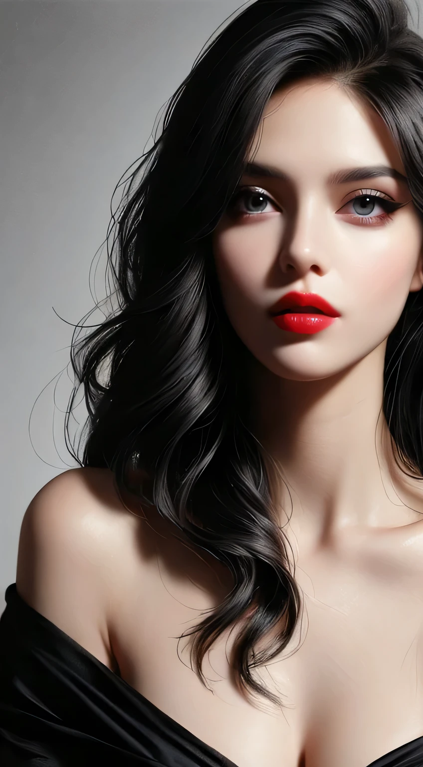 Gorgeous beautiful lady posing towards the camera close up black dress red lips big eyes cute