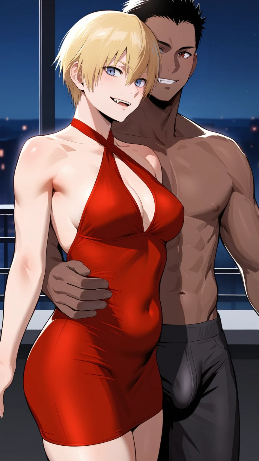 score_9, score_8_up, source_anime, standing, hellsing, seras, blonde hair, nude, indoors, night, night sky, nighttime, vampire, smirk, fangs, ikuchan, balcony, town background, clothed, male wearing shorts, muscular male, medium breasts, boyfriend, couple, sfw, looking at viewer, faceless male, dark skinned male, cuckold pov, ntr, netorare, standing side by side, standing, cuckolding, cuck, 1girl, 1boy, duo, ((duo focus)), black haired male, interracial, BLACKED, bbc, raceplay, smug, humiliation, ((faceless male)), ((size difference)), tall male, ((duo)), waist grab, ((dark skinned male))), gown, dress, bulge,  rating:safe, navel, short dress, red dress, furry, tiger, anthro on human, tiger girl, chubby, bbw,