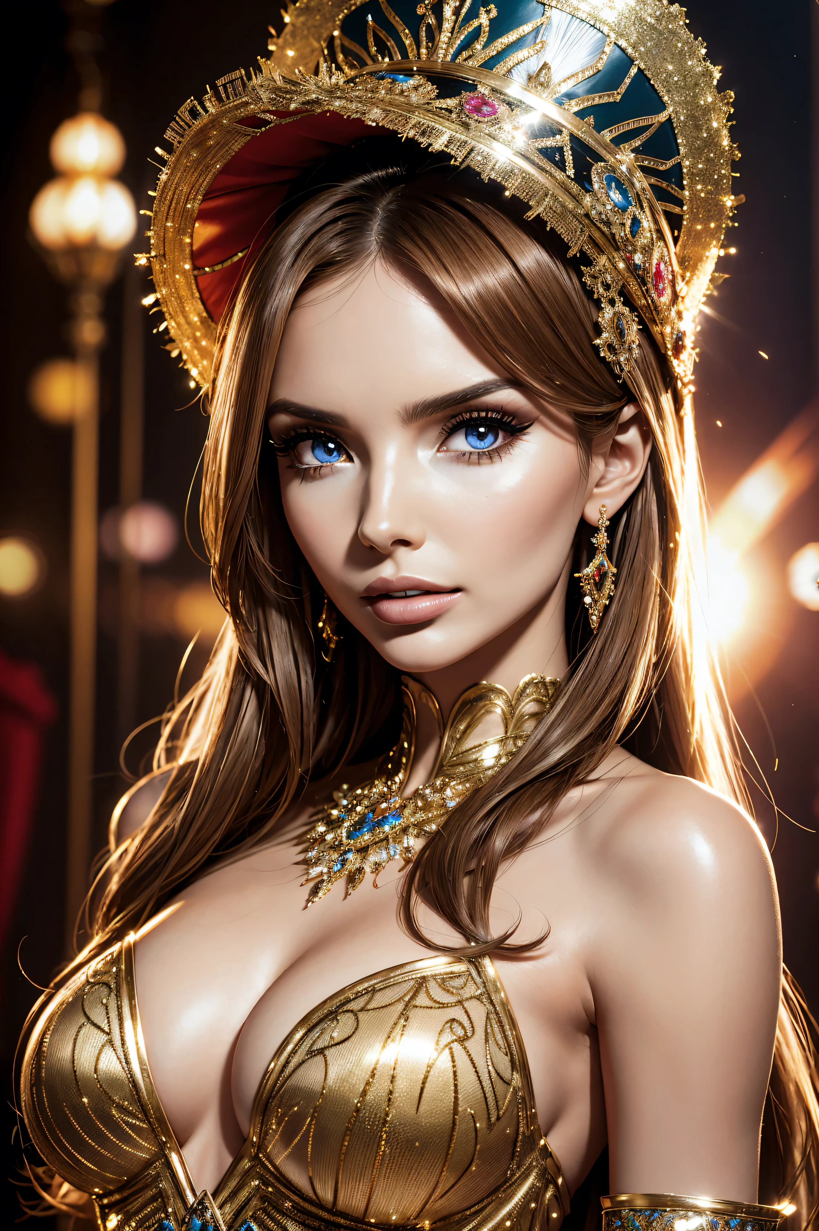 Nadine Coyle, wearing Carnival costume costume transparent. professionally retouched, soft lighting, realistic, smooth face, perfect eyes, sharp focus on eyes, 8 k, high definition, insanely detailed, intricate, elegant. against the background of the ballroom.