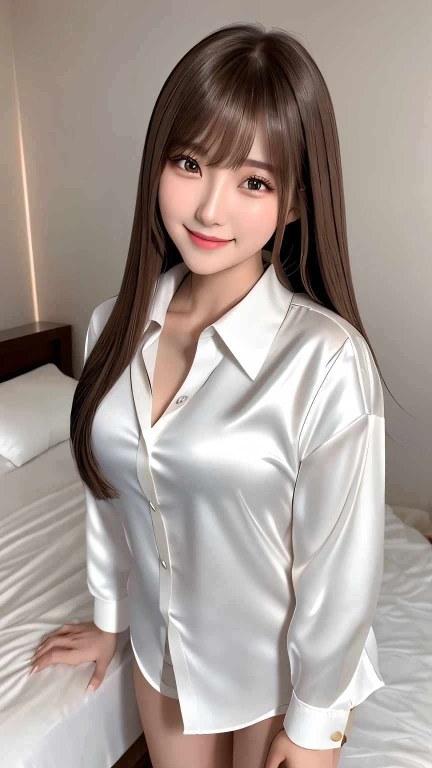Front view, Young and pretty girl in Japan, night、Standing alone next to a bed in a luxurious room with a big smile on her face, Attractive person, Wearing an unbuttoned long-sleeved white silk satin shirt with a collar, Shiny satin white panties, Super cute face, Glossy Lips, Double eyelids on both eyes, Natural Makeup, Long eyelashes, shiny smooth light brown long hair, Straight Hair、Asymmetrical bangs, Center image, High resolution, Attention to detail, Detailed hairstyle, Detailed face, Spectacular movie lighting, Octane Rendering, Vibrant, Ultra-realistic, Perfect limbs, Perfect Anatomy