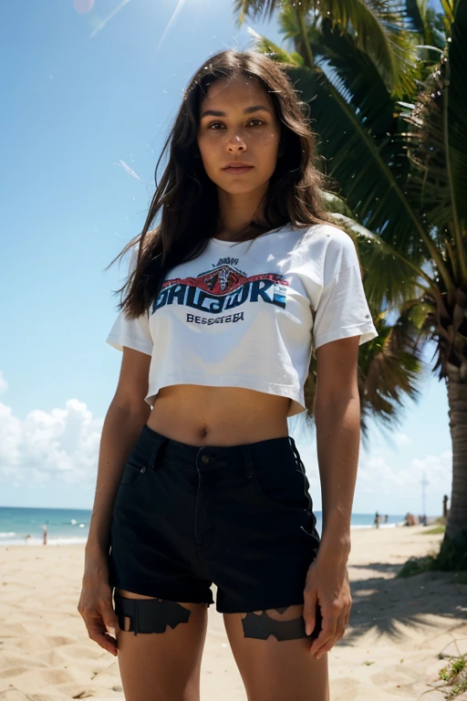 (best quality,4k,highres,masterpiece:1.2),ultra-detailed,realistic,portrait, ((best quality)), ((masterpiece)), (detailed), ID photo, BMI 32, photographic portrait of a 29 year old man, athletic body, tanned skin, surfer, straight brown hair, brown eyes, small beard, wearing shorts, leaving the sea on a sunny morning, documentary photography, hard lighting, lens flare, 85mm, surf skate outfit