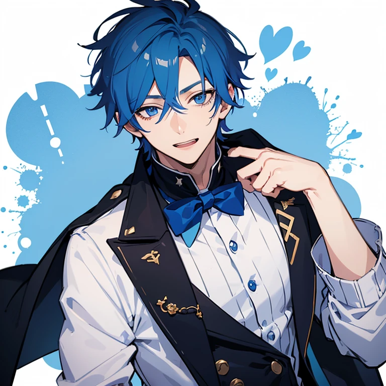 1boy, mature, winking, handsome boy, blue hair, blue eyes, messy blue hair, white background