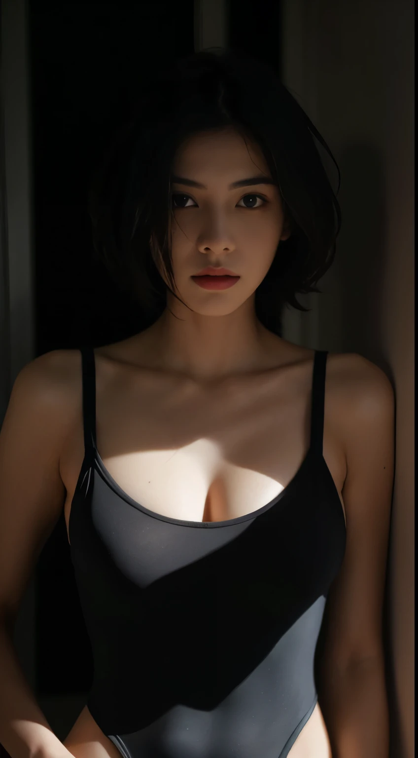 Best quality, masterpiece, ultra high res, (photorealistic:1.5), raw photo, 1girl, in the dark, deep shadow, low key, cold light, sexy look, short hair, swimsuit
