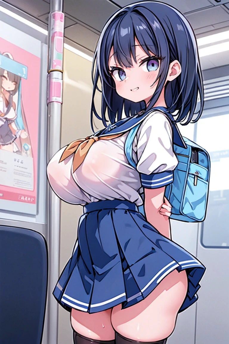 Masterpiece, best quality, official art, 8k wallpaper, very detailed, illustration, 1girl, grinning, black hair with blue highlights, light blue highlights in hair, blue highlights, wide hips, (huge breasts), sailor top, backpack, standing, (view from behind), bratty, inside train, bratty girl, teasing, (by asanagi), underboob, upskirt view, skirt, ((vibrator)), (pussy juice), (vibrator cord), (vibrator in thighhighs), remote control vibrator, (vibrator under panties), sweat, blush,