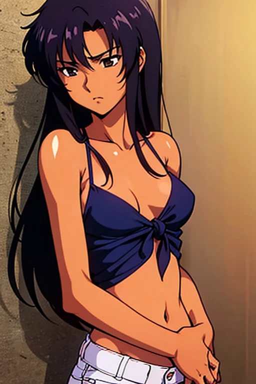 ((best quality)), ((masterpiece)), (detailed), dark tanned skin anime woman in a deep V-neck tied top, (bare shoulders), (bare arms), (jeans), (long hair), starving, (resting hands on the stomach), (hands on the stomach), (slim body)