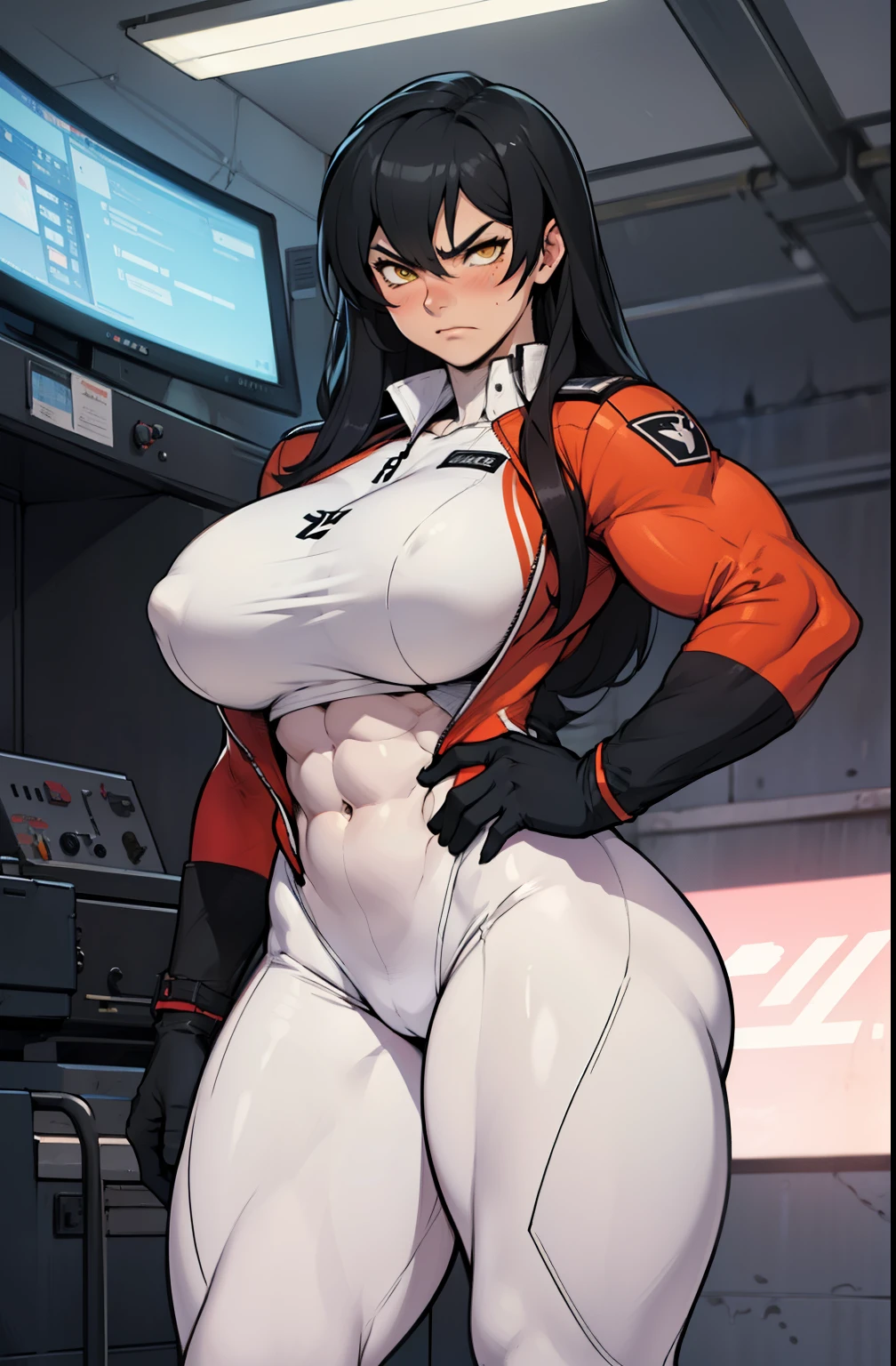 1girl, extremely long hair, solo, ((((muscular)))), veins, black hair, yellow eyes, blushing, (thick thighs), pale skin, strong, veins, abs, big thighs, (huge breasts), navel, standing, angry, bodysuit, skintight, pilot suit