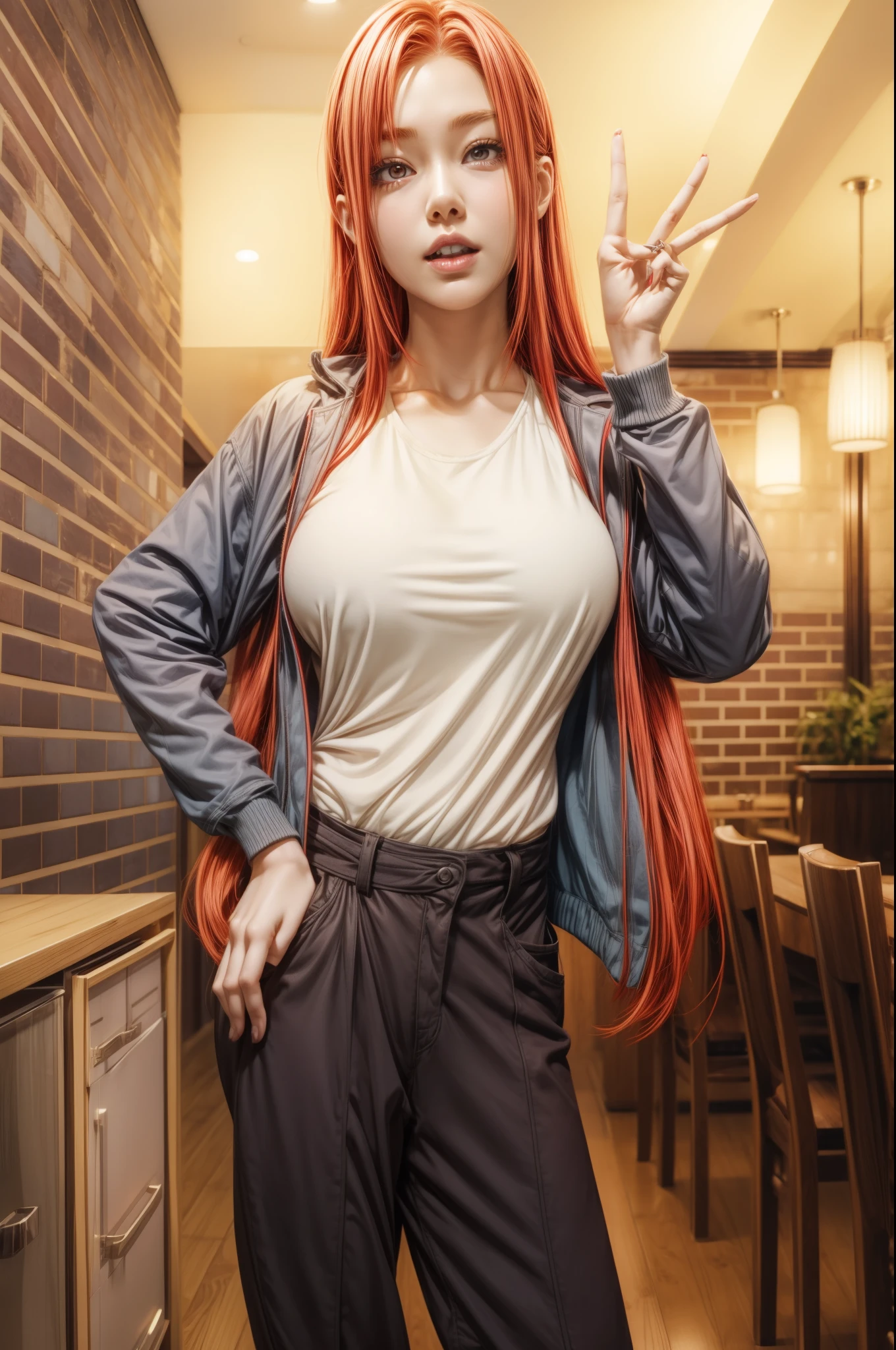 anime girl with red hair and white shirt posing in a restaurant, anya from spy x family, marin kitagawa fanart, rena nounen style 3/4, seductive anime girl, sankakucomplex anime image, beautiful alluring anime teen, asuka suit under clothes!, ecchi anime style, anime still, still from tv anime, female anime character, Large breasts, thick thighs, curvy hips 