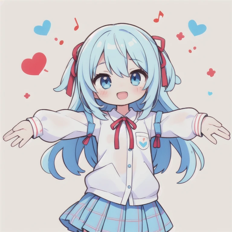 1 girl, Cute girl avatar, Cute anime face girl, Light blue checked mini skirt,Light blue long hair, Simple Background, Beige blouse, Red ribbon, Musical notes in speech bubbles, looks happy, Light blue eyes, Looking up from below, Make a heart mark with both hands, Stretch your arms out in front of your chest, Leaning forward