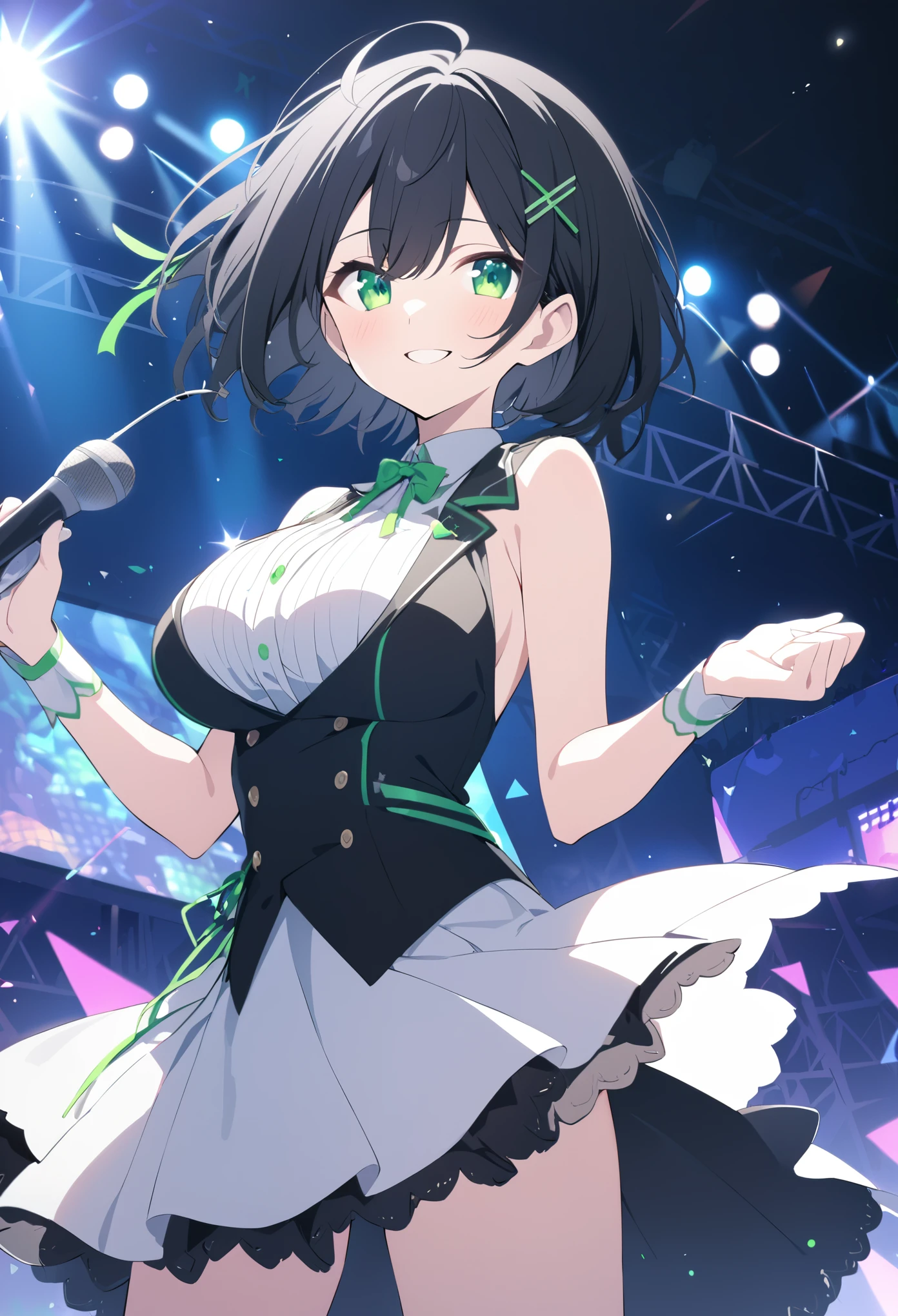 suguha kirigaya, short hair, black hair, hair ornament, hairclip, green eyes,　, live stage, large Breasts, Formal dress smile　solo