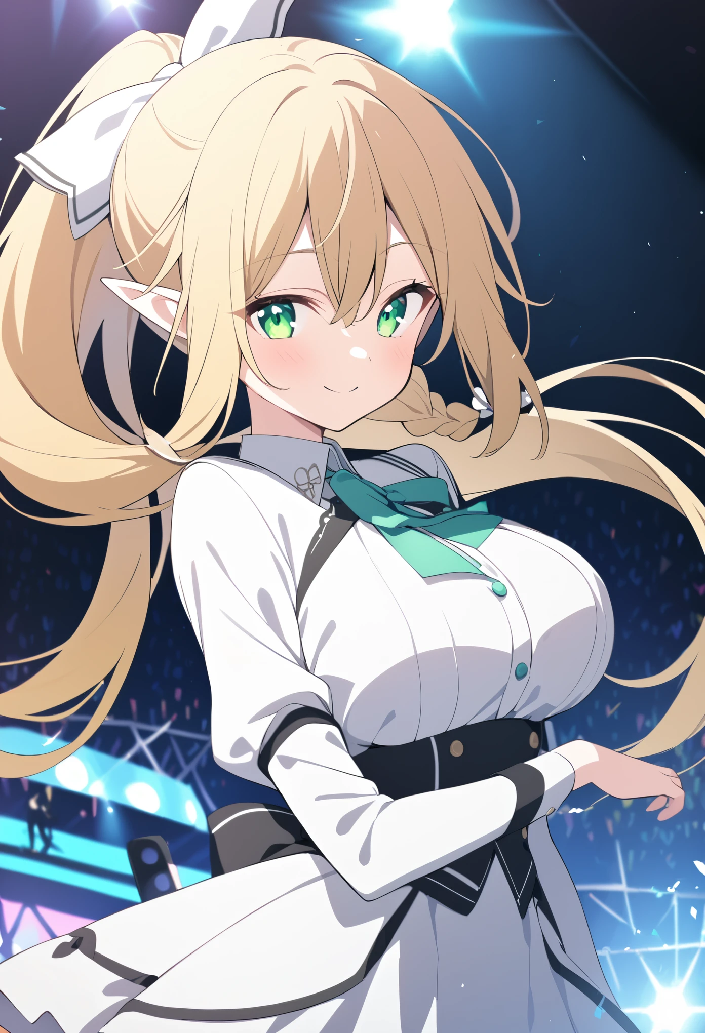 suguha kirigaya, long hair, blonde hair, hair between eyes, green eyes, ponytail, braid, pointy ears, twin braids,　, live stage, large Breasts, Formal dress smile　solo