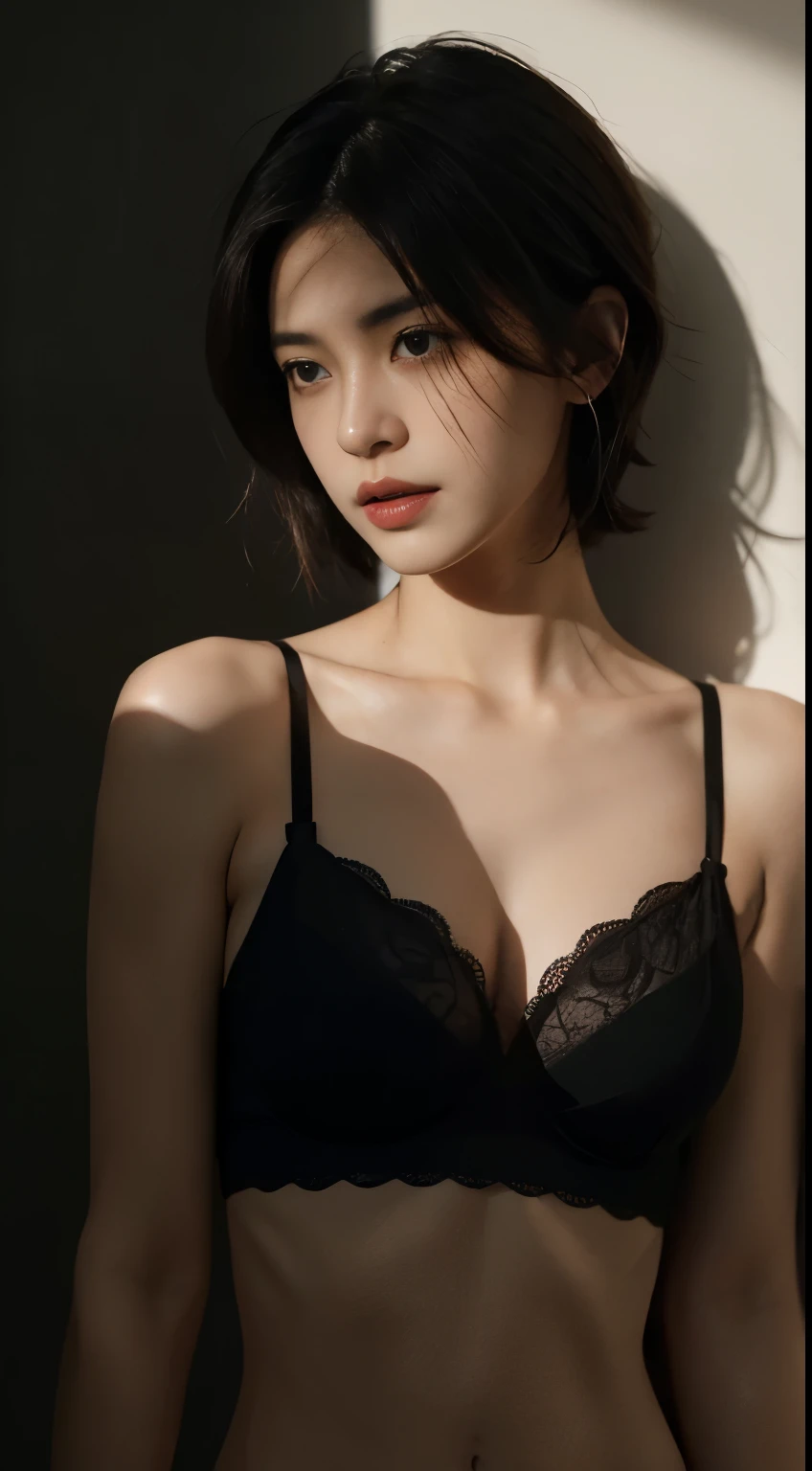 Best quality, masterpiece, ultra high res, (photorealistic:1.5), raw photo, 1girl,, in the dark, deep shadow, low key, cold light, sexy look, short hair, smooth , sexy , leaf shadow, seamless bra