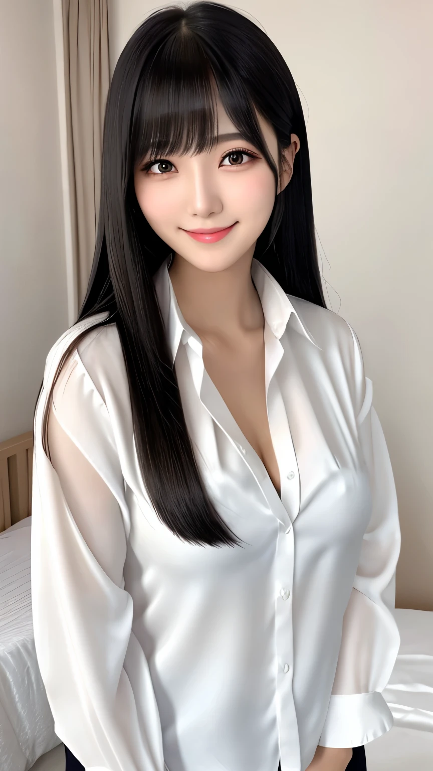 Front view, Young and pretty girl in Japan、Standing alone next to a bed in a luxurious room with a big smile on her face, Attractive person, Wearing an unbuttoned long-sleeved white silk satin shirt with a collar, Shiny satin white panties、Cleavage、Super cute face, Double eyelids on both eyes, Natural Makeup, Long eyelashes、Straight Hair、Asymmetrical bangs, Center image, High resolution, Attention to detail, Detailed hairstyle, Detailed face,