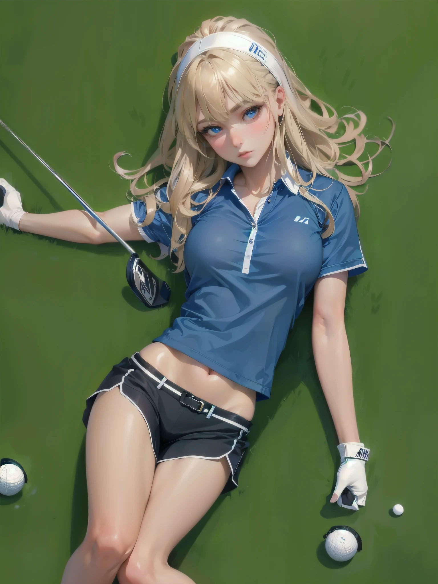 high quality,HD,16k,sharp lines,1 girl,Female golf athlete ,cute face, large breasts, nice legs,At the golf venue,focus girl,detailed beautiful face,detailed clothes,beautiful eyes,cool,dynamic angle
