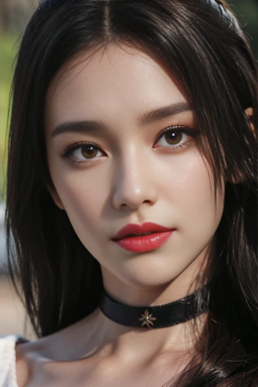 8k, Masterpiece, raw photos, best quality, realistic, Very detailed CG unity 8k wallpaper......, depth of field, Cinema-grade lighting system, lens flare, Ray tracing, (Very beautiful face, beautiful lips, beautiful eyes), black skin,red lips,Beautiful eyebrows,sharp eyes,Curly eyelashes,A face with intricate details, ((Highly detailed skin), รูปถ่ายของสาวสวย 1 คนbest quality, Ultra high resolution, (realistically:1.4),cute hair clip,1 woman,long red hair,cropped sweater ,Beautiful woman with a slim figure:1.4, Pronounced abdomen:1.4, on the island,Extraordinarily detailed face,Exquisite eyes,Double eyelids,choker necklace