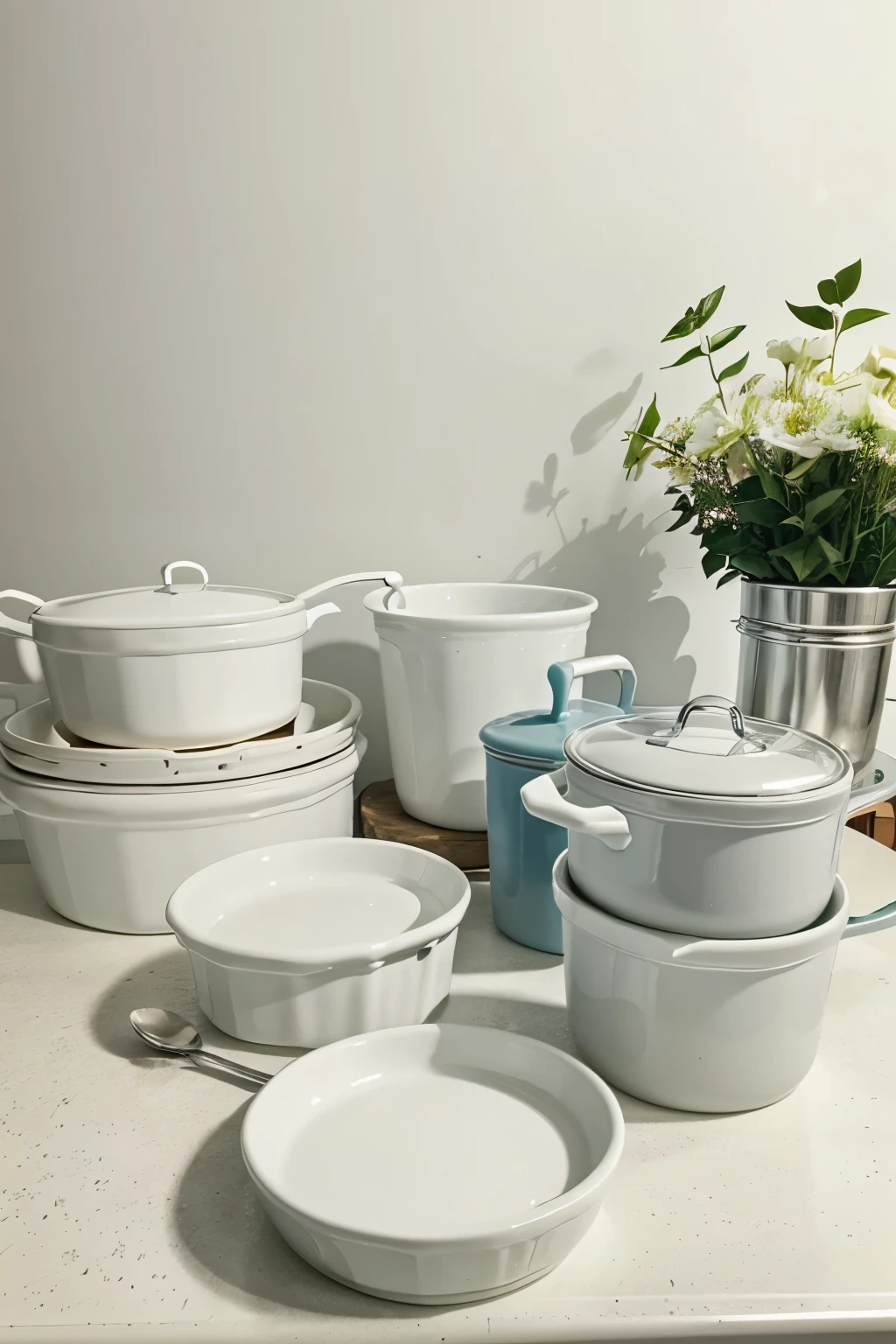 pans, crockery, cutlery, plastic pots all together on a table with a white wall in the background
