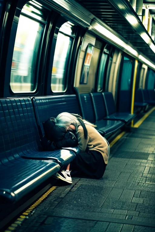 A girl with a bass guitar gets on a train night Gray Hair Sleeping face down Landscape dark