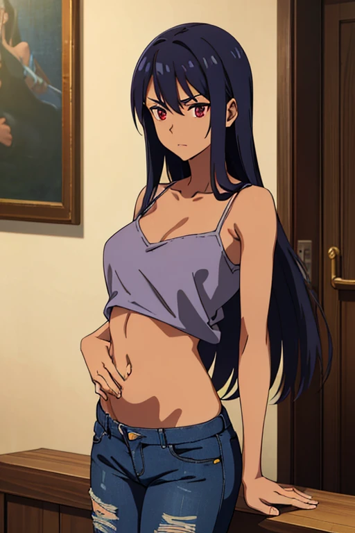 ((best quality)), ((masterpiece)), (detailed), dark tanned skin anime woman in a deep V-neck cami top, (jeans), (long hair), starving, (resting hands on the stomach), (hands on the stomach), (slim body)