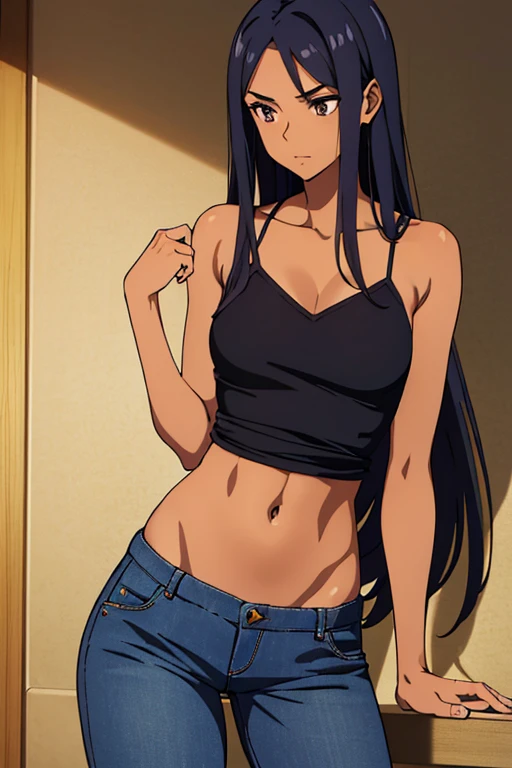 ((best quality)), ((masterpiece)), (detailed), dark tanned skin anime woman in a deep V-neck cami top, (jeans), (long hair), starving, (resting hands on the stomach), (hands on the stomach), (slim body)