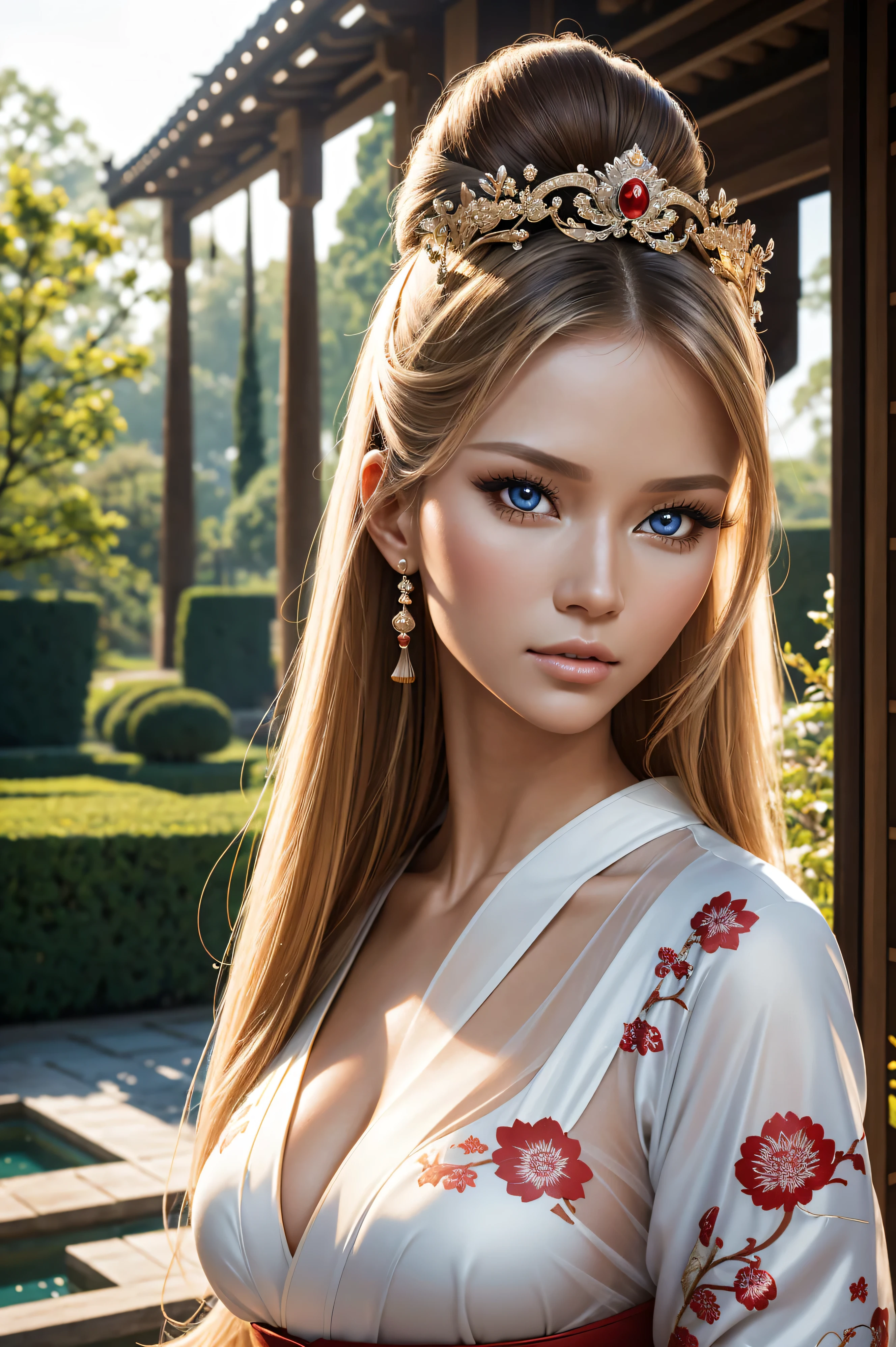 Joanna Krupa, wearing geisha costume transparent. professionally retouched, soft lighting, realistic, smooth face, perfect eyes, sharp focus on eyes, 8 k, high definition, insanely detailed, intricate, elegant. against the background of the garden of Versailles.