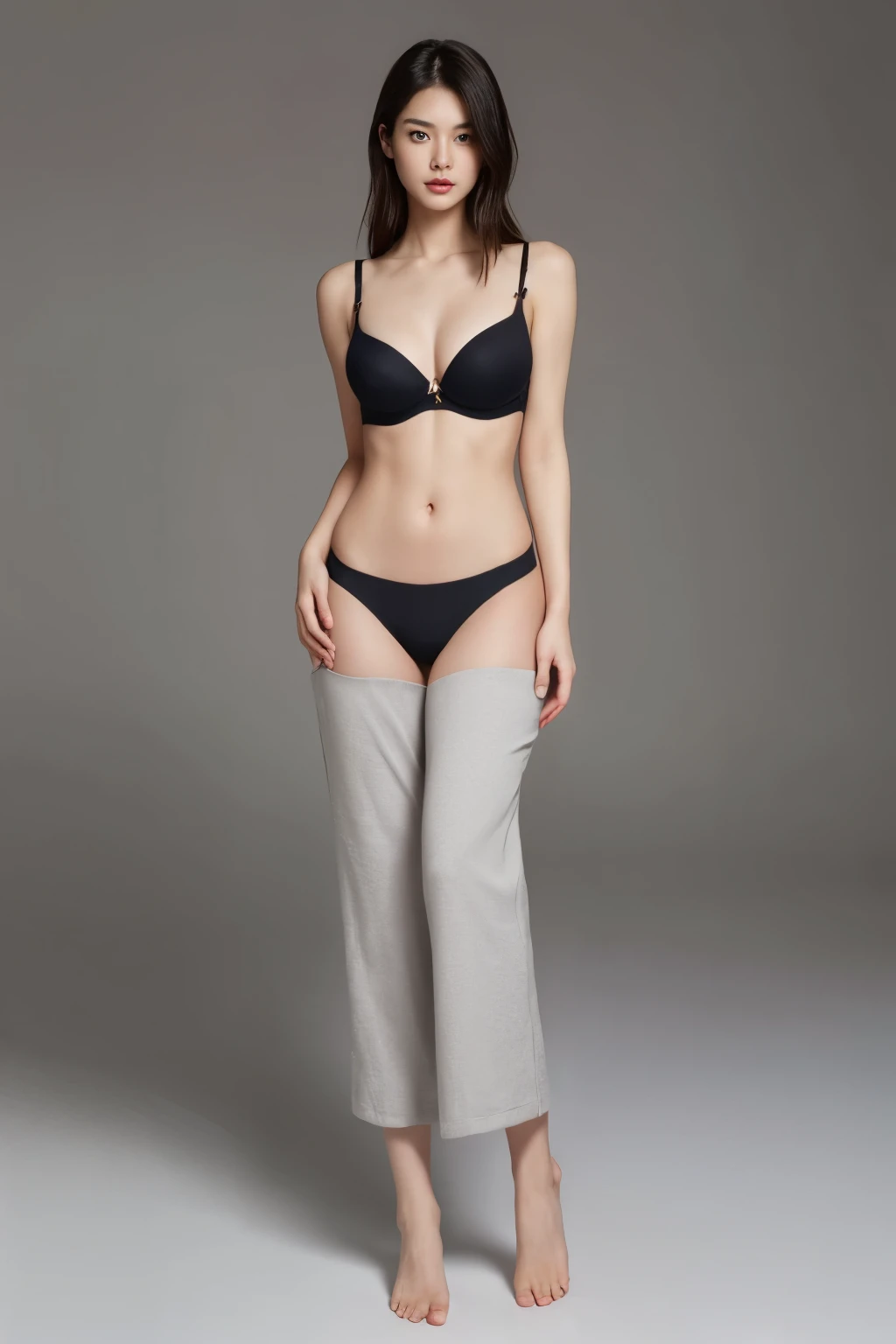 (colored picture), Photo realistic of beautiful asian、slender abs, (Highlight Haircutreast B Cup:1.2), medium breast, round shape breast, perfect shape breast,(( )),((pant low rise, and black bra)), (()), As she confidently posing for camera, , studio light, gray background, full body,