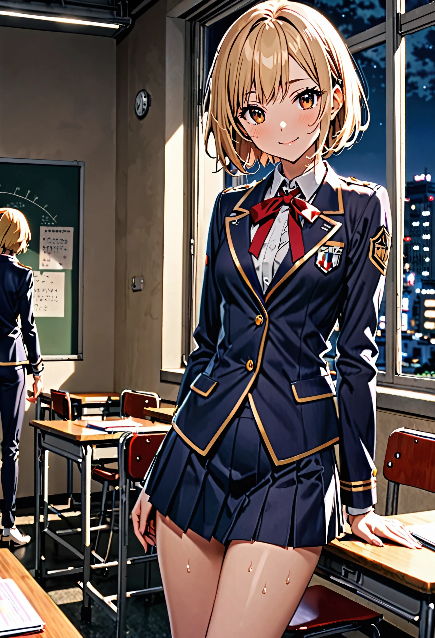 1 female,The perfect 20 years old,((ideal ratio body proportions:1.3,small head:1.7)),((dark brown skin)),((high quality anime, 8k,masterpiece,Perfect Anatomy)),nsfw,(beautiful detailed face and eyes,gorgeous eye:1.3), BREAK ,brown eyes, BREAK ,blonde hair,short bob hair,bangs, BREAK shy,smile,cowboy shot,small breasts,slender body, toned body,skinny,sweat, BREAK ,Academy服、Dark blue blazer jacket、Red ribbon tie、pleated navy mini skirt, BREAK ,classroom、Academy、Tokyo、at night、