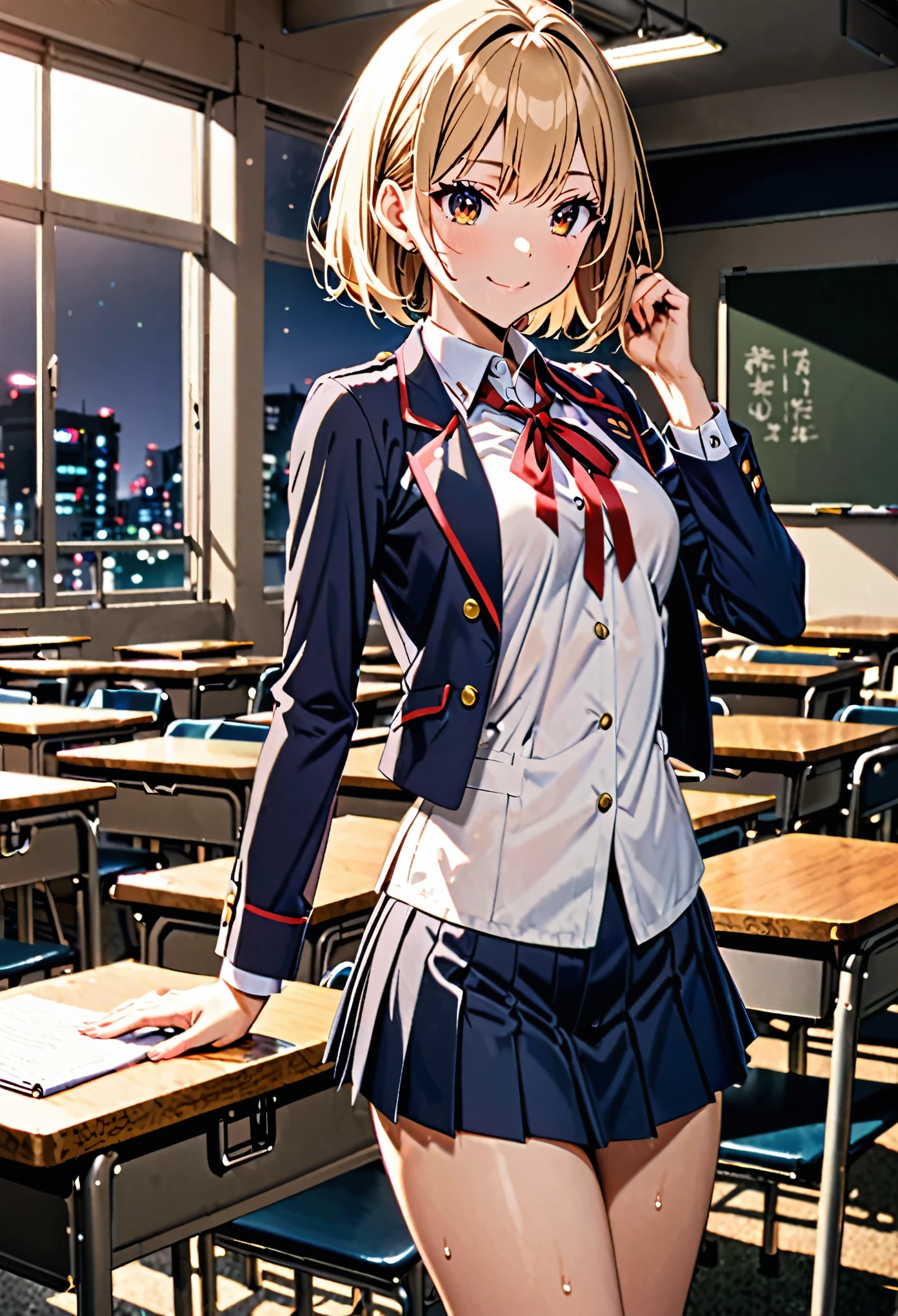 1 female,The perfect 20 years old,gal,((ideal ratio body proportions:1.3,small head:1.7)),((dark brown skin)),((high quality anime, 8k,masterpiece,Perfect Anatomy)),nsfw,(beautiful detailed face and eyes,gorgeous eye:1.3), BREAK ,brown eyes, BREAK ,blonde hair,short bob hair,bangs, BREAK shy,smile,cowboy shot,small breasts,slender body, toned body,skinny,sweat, BREAK ,Academy服、Dark blue blazer jacket、Red ribbon tie、pleated navy mini skirt, BREAK ,classroom、Academy、Tokyo、at night、
