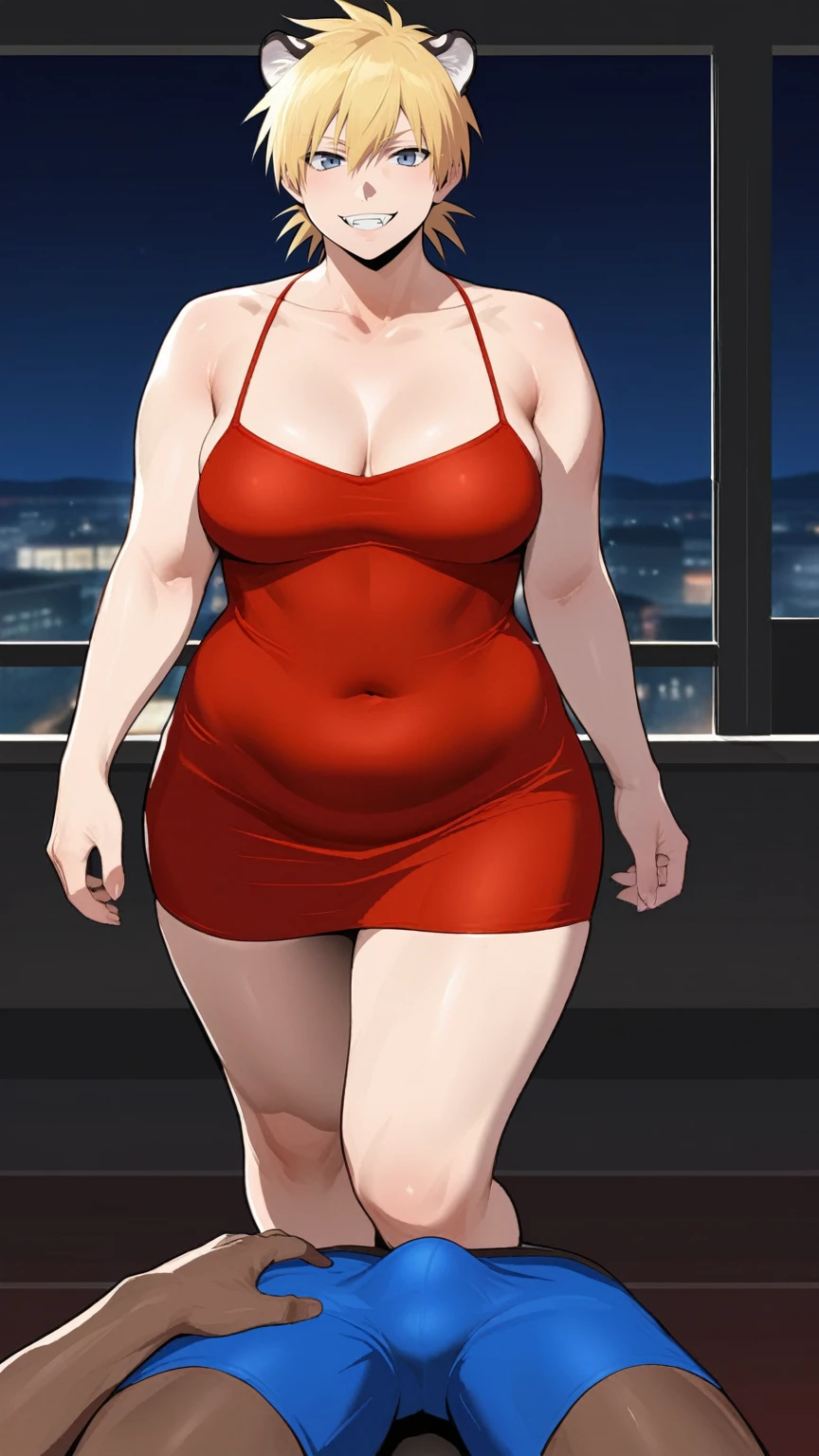 score_9, score_8_up, source_anime, standing, hellsing, seras, blonde hair, nude, indoors, night, night sky, nighttime, vampire, smirk, fangs, ikuchan, balcony, town background, clothed, male wearing shorts, muscular male, medium breasts, boyfriend, couple, sfw, looking at viewer, faceless male, dark skinned male, cuckold pov, ntr, netorare, standing side by side, standing, cuckolding, cuck, 1girl, 1boy, duo, ((duo focus)), black haired male, interracial, BLACKED, bbc, raceplay, smug, humiliation, ((faceless male)), ((size difference)), tall male, ((duo)), waist grab, ((dark skinned male))), gown, dress, bulge, rating:safe, navel, short dress, red dress, furry, tiger, anthro on human, tiger girl, chubby, bbw, ((furry)), tiger fur, chubby body, ((bbw)), milf