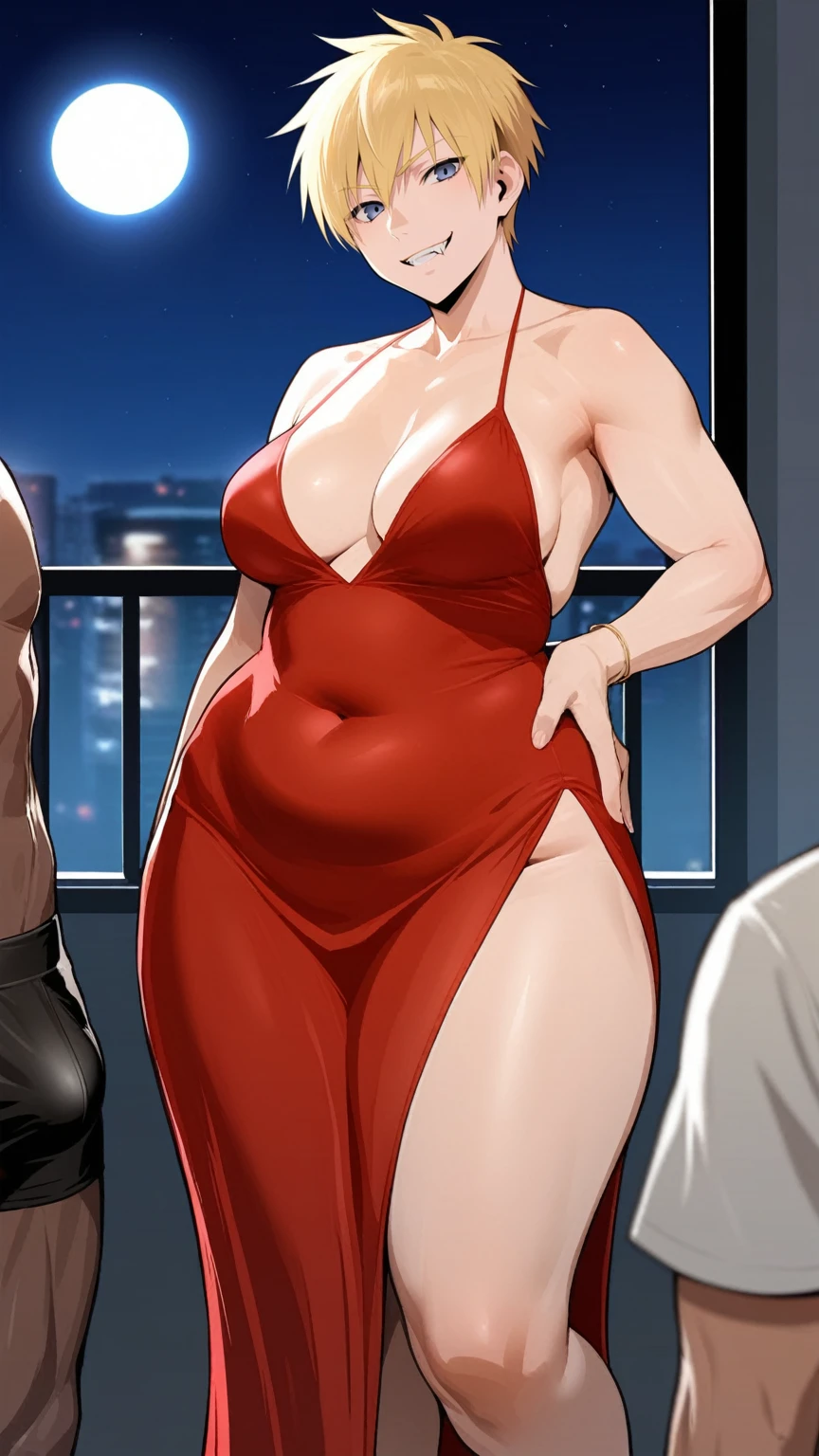 score_9, score_8_up, source_anime, standing, hellsing, seras, blonde hair, nude, indoors, night, night sky, nighttime, vampire, smirk, fangs, ikuchan, balcony, town background, clothed, male wearing shorts, muscular male, medium breasts, boyfriend, couple, sfw, looking at viewer, faceless male, dark skinned male, cuckold pov, ntr, netorare, standing side by side, standing, cuckolding, cuck, 1girl, 1boy, duo, ((duo focus)), black haired male, interracial, BLACKED, bbc, raceplay, smug, humiliation, ((faceless male)), ((size difference)), tall male, ((duo)), waist grab, ((dark skinned male))), gown, dress, bulge, rating:safe, navel, short dress, red dress, furry, tiger, anthro on human, tiger girl, chubby, bbw, ((furry)), tiger fur, chubby body, ((bbw)), milf