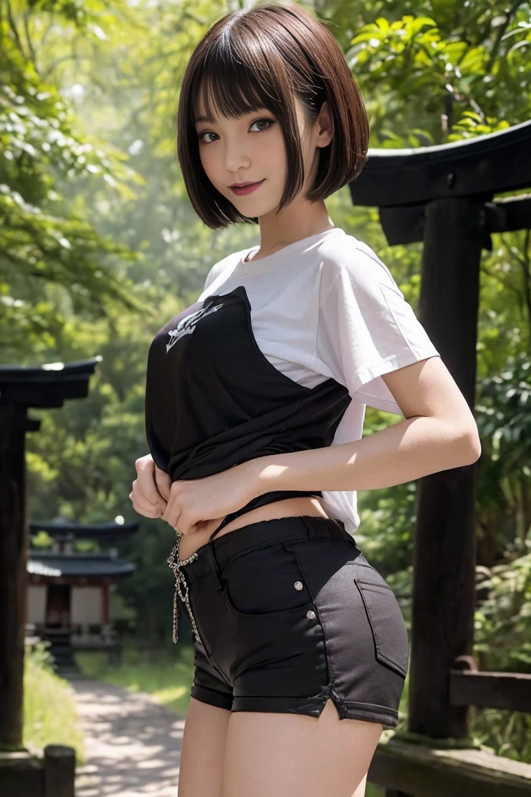 (best quality, masterpiece, ultra high resolution), (8k wallpaper, high-definition, HDR, RAW), (hyperrealistic), (authenticity: 1.4), (full body shot), 1girl, ((14 year old girl)), ((Short brown hair)), ((japanese bob haircut)), ((Pretty Japanese Girl)), ((Pretty face)), ((Tight clothes)), ((Brown eyes)), ((Pale skin)), amazing slim body, female curves, long legs, thick thighs, big ass, flat tummy, ((perfect hands)), standing, leaning forward, (((T-shirt with Gothic design))), (((Black shorts))), ((Gothic pins)), ((view at viewer)), ((Gothic make-up)), ((Seductive smile)), ((In an ancient shinto temple covered by vegetation, a torii at background)), sunset illumination, sunlight illumination, divine illumination, contrast