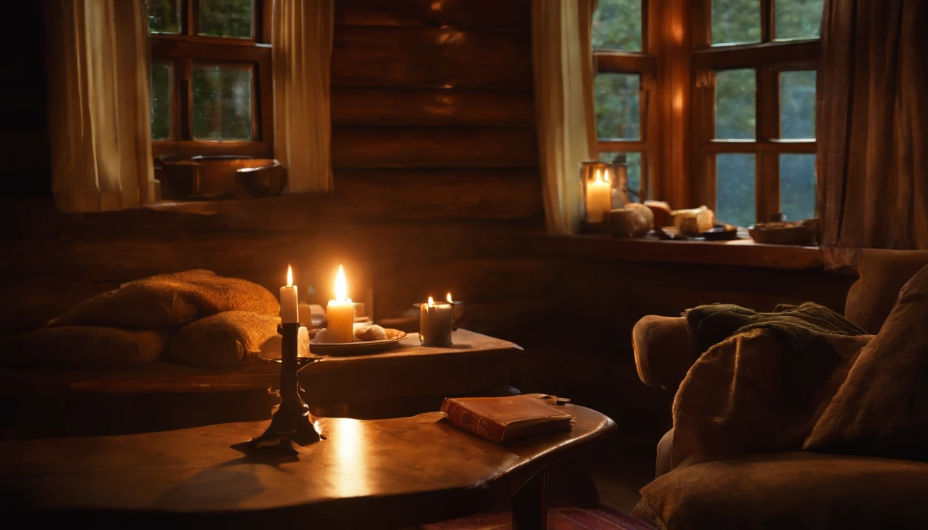 inside a very cozy cabin near a window, where there is pasta and books, candles, a rainy night