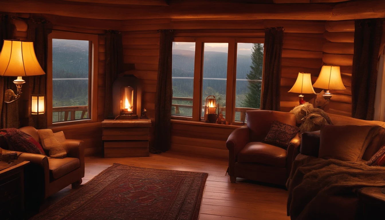 inside a very cozy cabin near a window, where there is pasta and books, candles, a rainy night