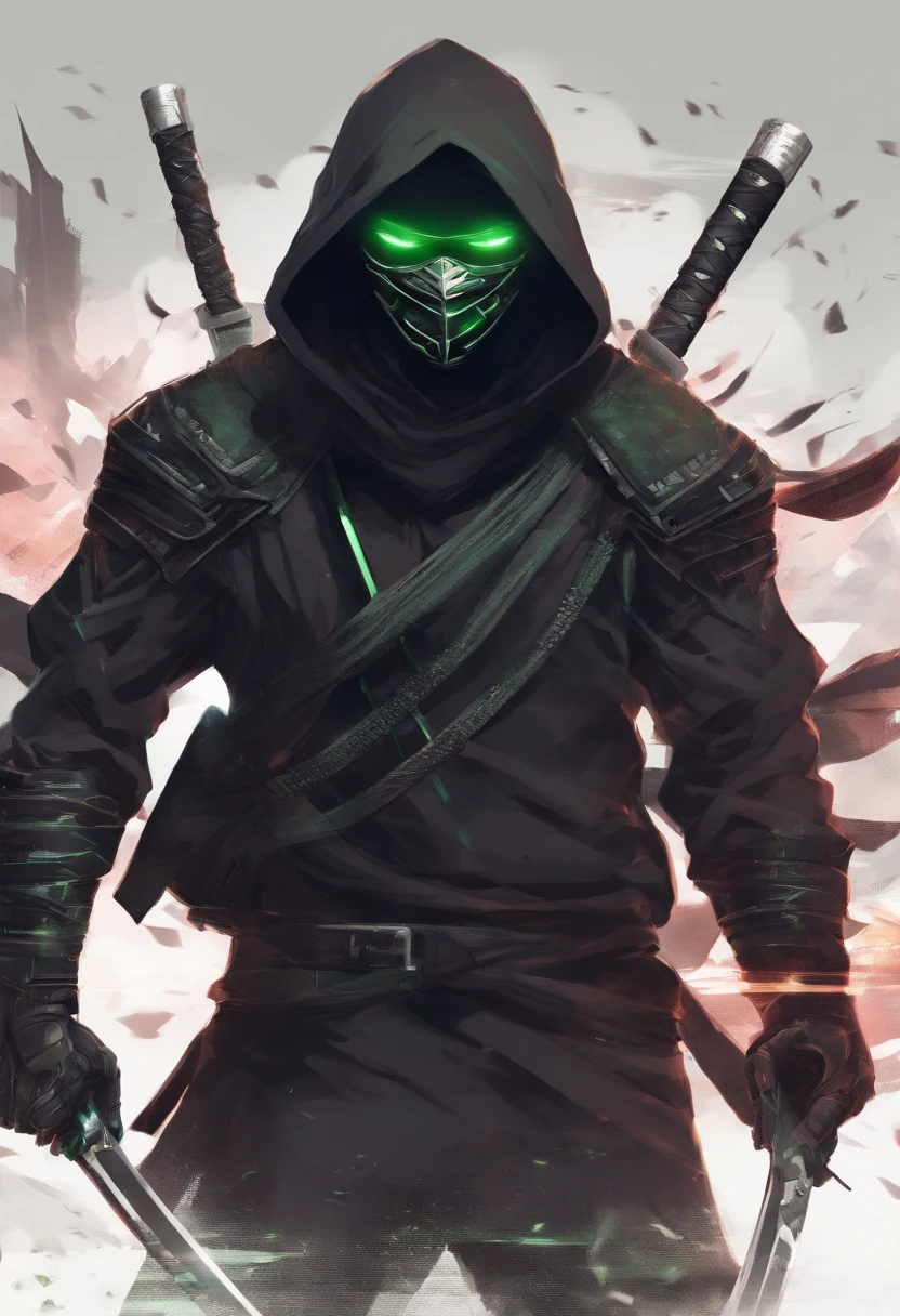 Ninja boy with black hood and black mask with white hair and green eyes, carregando armas de fogo