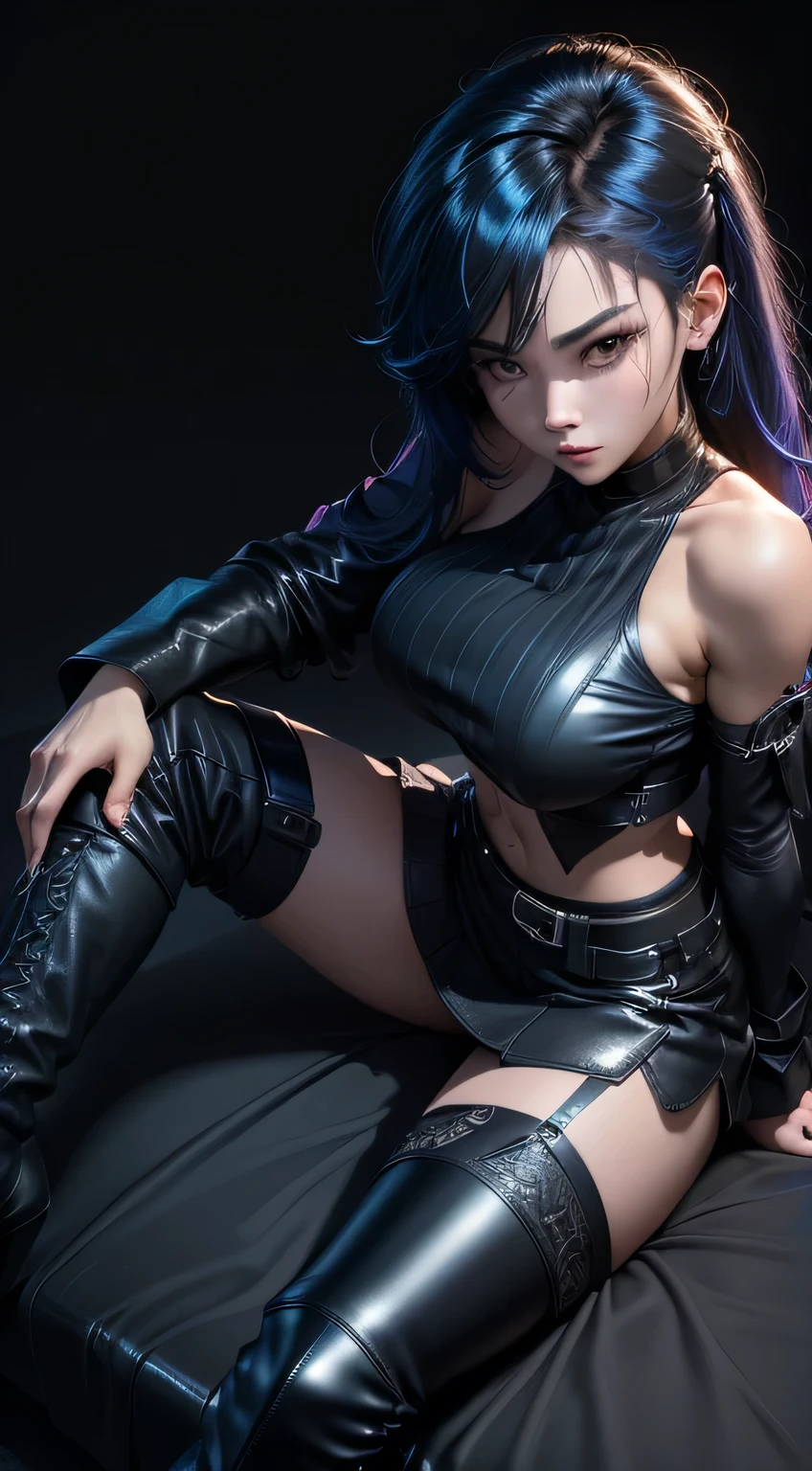 sfw, ((lying on bed top view)), beautiful girl, full body, short bright blue neon streaked dishevelled hair, ((seductive pose:1.2)), (street style wear:1.2), ((tight fitted short skirt)), ((knee high leather boots:1.3)), (dark city night black background:1.4), dark makeup, digital art, trending on artstation, highly detailed, fine detail, intricate, beautiful detailed glow, detailed, Cinematic light, high-res, detailed facial features, sharp focus, smooth, aesthetic,, wearing bra,((skinny waist)), young asian girl, ((big breasted)),