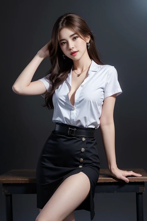 (8k,high resolution,Masterpiece, best quality, alone, complicated details, Chromatic aberration), realistic, ((Moderate breath)), hair in one eye,purple eyes, big round hoop earrings, sharp eyes, Diamond choker, red gemstone necklace,(symmetrical eyes),(Perfect symmetrical body),Photo of a beautiful 21 year old age girl....,(fit the body), ,Beautiful and charming with contemporary fashion paintings as well........, looking at the audience, ((Behind the scenes of a large classroom)), (black short skirt), ((The young woman wore a form-fitting white short-sleeved shirt....., Unbuttoning the butt Revealing a little breast..A short black pencil skirt with a deep slit on the side......)), belt, ((Put your hands down.)),Bob, long hair, Side flatness,,Copper blonde hair, sit, sharp eyeliner, Eye shadow blush with thick eyelashes, Very delicate and beautiful, round chin, Sharp focus, elegant,sitเต็มบนโต๊ะเรียน หันหน้าอ้าขาในระดับสายตา
อ้าขาออกยกขาข้างขวาขึ้นเหนือขาข้างซ้ายปล่อยขาตามธรรมชาติในระดับสายตา, แยกขาออกเล็กน้อย dynamic gesture,
,dynamic gesture,((Dark blue short sleeve lab coat...))