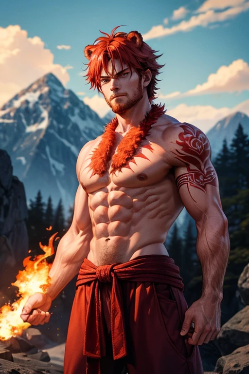 30-year-old man red hair bear ears on his head reddish barbarian clothing arcane tattoos on his body red orange eyes fire on the fist of his right hand slim build muscular background of mountains