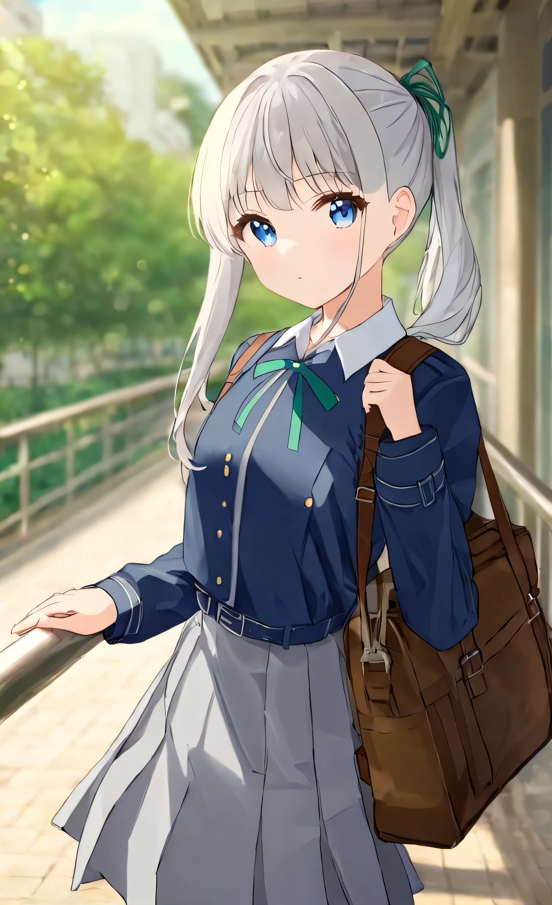 1girl, lycoris_uniform, solo, inoue_takina, pony_tail, bag, two-tone_dress, pleated_dress, blue_eyes, dress, blue_dress, grey_dress, outdoors, bangs, white_hair, looking_at_viewer, collared_shirt, shirt, neck_ribbon, closed_mouth, belt, ribbon, long_sleeves, school_uniform, white_shirt, backpack, building, holding_strap, day, green_ribbon, blurry_background, blurry, blue_belt, brown_bag, railing