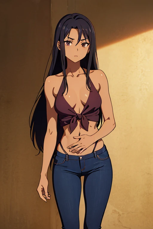 ((best quality)), ((masterpiece)), (detailed), dark tanned skin anime woman in a deep V-neck tied top, (bare shoulders), (bare arms), (jeans), (long hair), starving, (resting hands on the stomach), (hands on the stomach), (slim body), (smooth and oily skin)