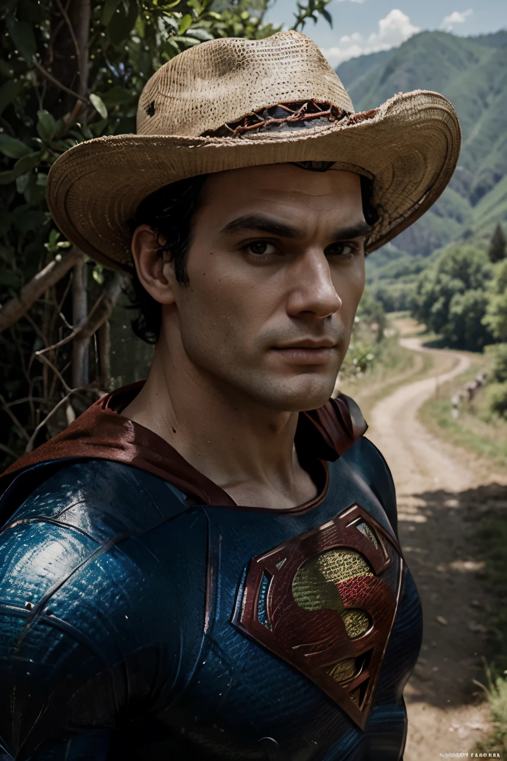 Foto uma foto realista do superman. close na face. henry cavil. in the style of the countryside. com capacete de vaqueiro. backcountry hat.