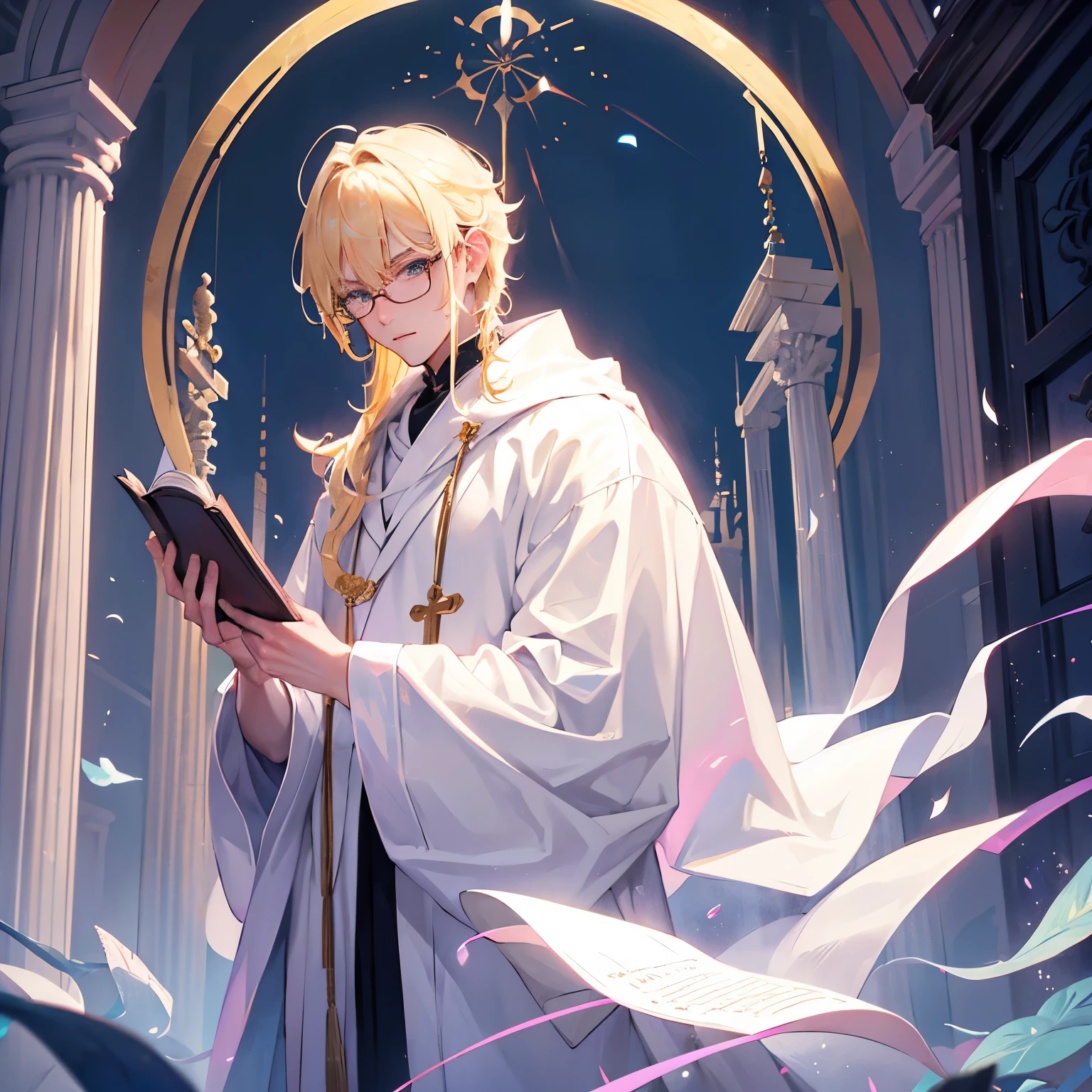 male,blonde,Wearing glasses,Wearing a white robe,Magician,Hold a book in your left hand,Right hand holding a stick,Sacred and authoritative,Behind is the temple