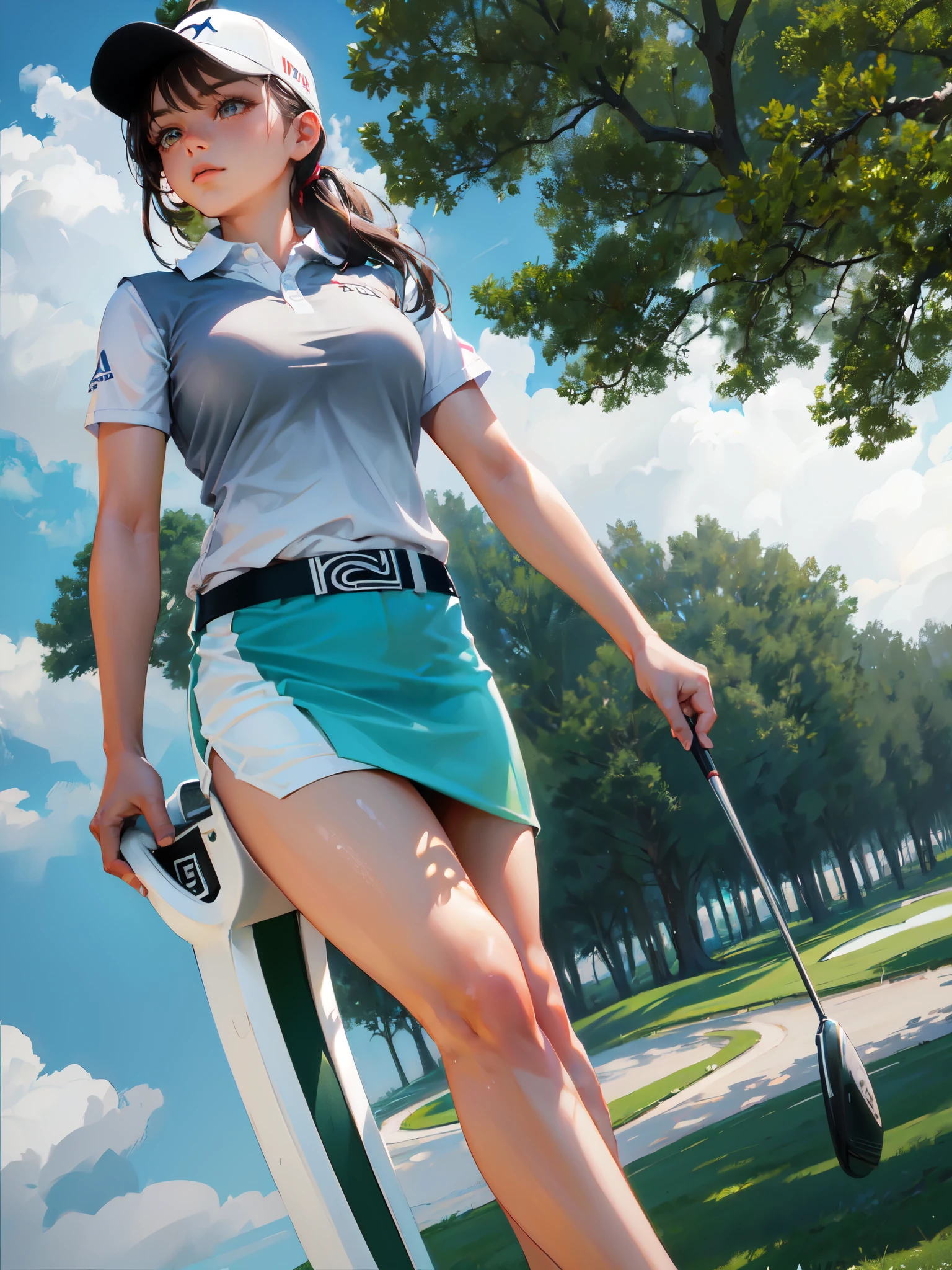 high quality,HD,16k,sharp lines,1 girl,Female golf athlete ,cute face, large breasts, nice legs,At the golf venue,focus girl,detailed beautiful face,detailed clothes,beautiful eyes,cool,dynamic angle