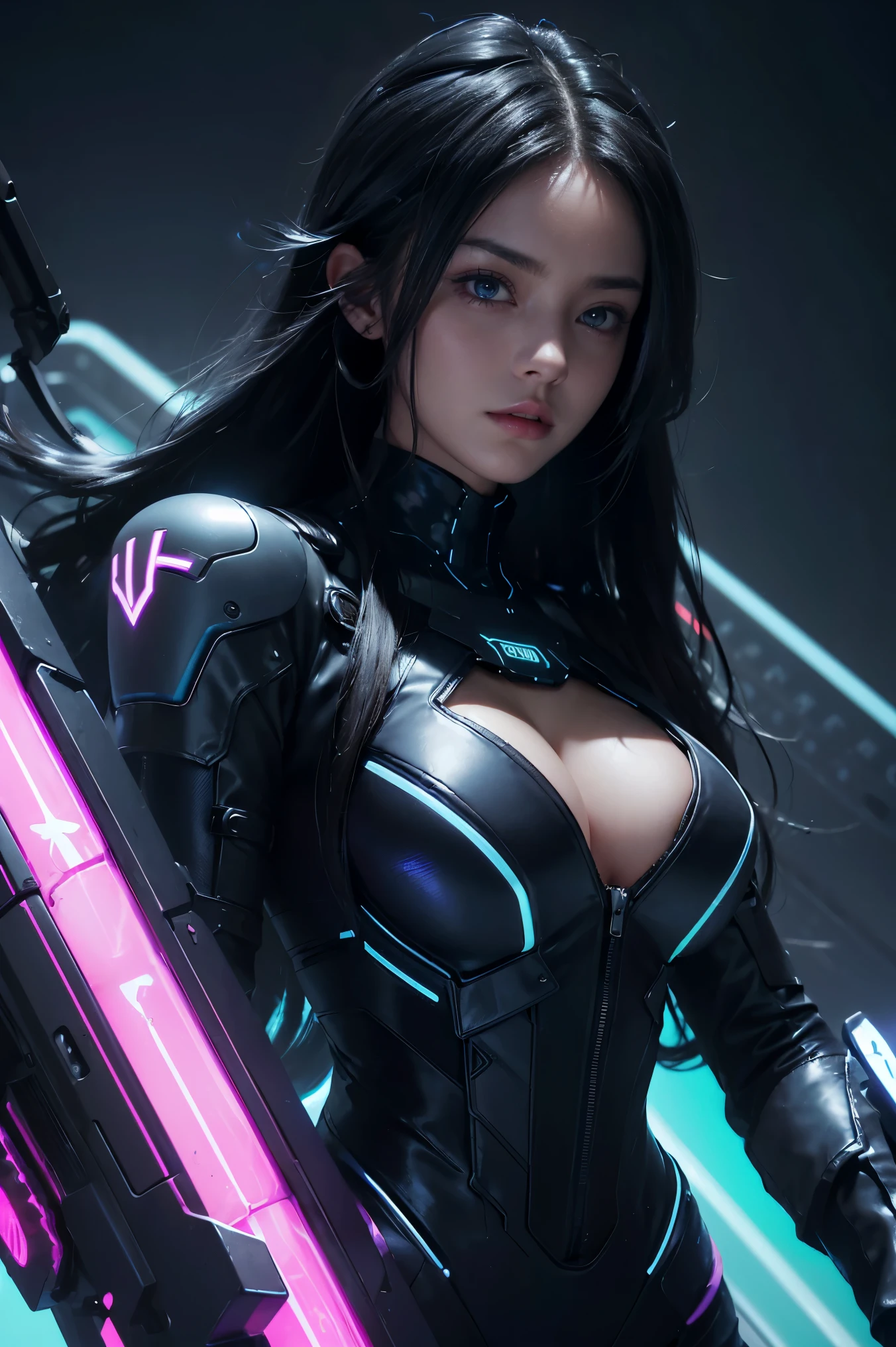 (black long wavy hair with blue and purple neon lighting:1.2),(close-up photo:1.2) Best image quality, Masterpiece, Ultra-high resolution, (Fidelity:1.4), ((cyber punk personage)), Mila Kunis, deep cleavage, large breasts, cyber outfit, Futuristic, ((Award-winning ultra-realistic photos)),(Hyper-detailing),(Complicated details),(High resolution CGI artwork 8k), LED light, atmospheric lighting, illuminated by neon lights,