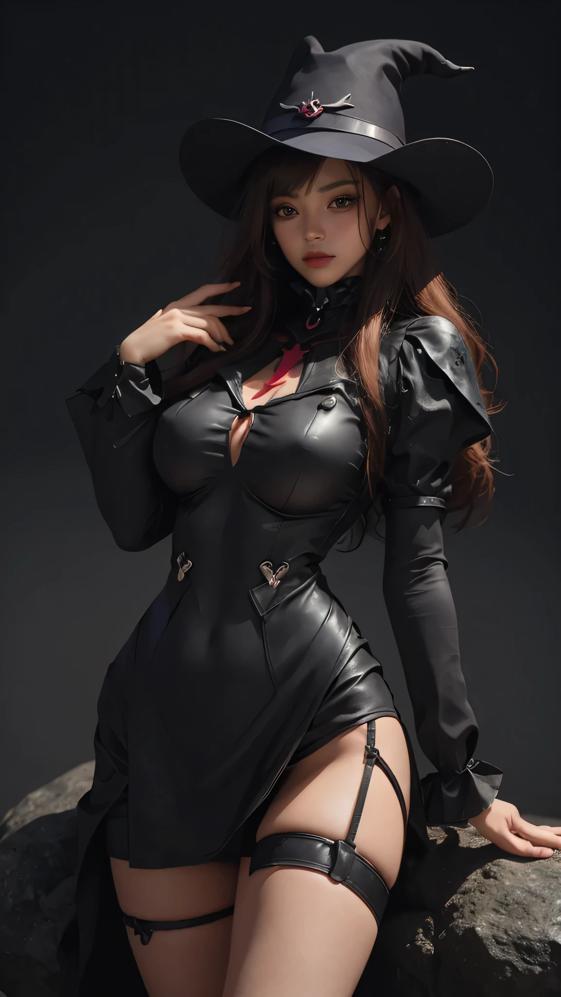 A devilish beautiful gorgeous sorcerer with a foxy figure big breasts wearing a black bodycon dressed like a witch wearing a cone shapedblack hat, dark fantasy, highest quality , dreamy looking towards the camera 8k