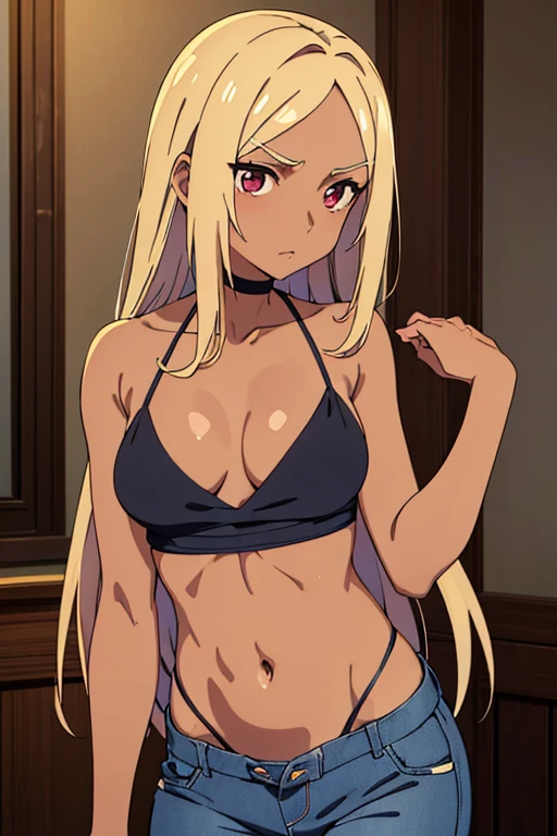 ((best quality)), ((masterpiece)), (detailed), dark tanned skin anime woman in a deep V-neck cami top, (jeans), (long hair), starving, (resting hands on the stomach), (hands on the stomach), (slim body), (shiny and oily skin)