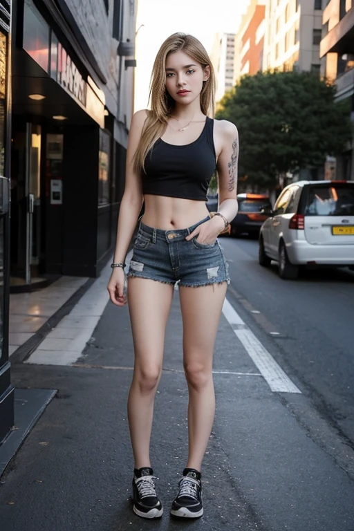 young girl, (19 years old), (perfect face), fit the body (covered with tattoos), (style: rock), (have green eyes), (Full body only....), (tired: short tank top, Jeans shorts), (blonde hair, Bob, straight hair ), (moderate, Stomach wide open, big, Sagging breasts, หน้าอกbig), (in the background, rocky night club style). black engineer shoes.