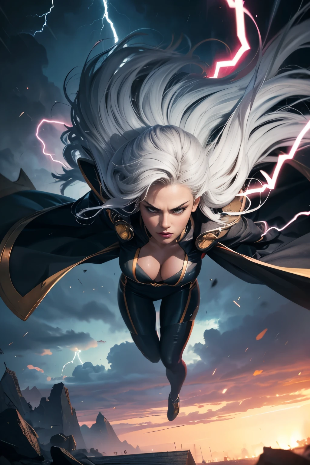 best quality,highres,ultra-detailed,realistic:1.37,professional,dynamic,action shot,storm character art,storm from the X-Men,storm conjuring lightning,storm with flowing white hair,storm with intense gaze,storm in a powerful pose,strong facial features,storm's iconic cape,storm surrounded by storm clouds,storm with dramatic lighting,storm's eyes glowing white,storm's lightning powers crackling,storm with an intense expression,storm with a determined look,storm wearing her classic costume,storm floating in the air,storm with winds swirling around her,storm creating a thunderstorm,storm casting lightning bolts,storm's cape billowing in the wind,storm with a fierce and confident posture,vivid colors,bokeh,portrait