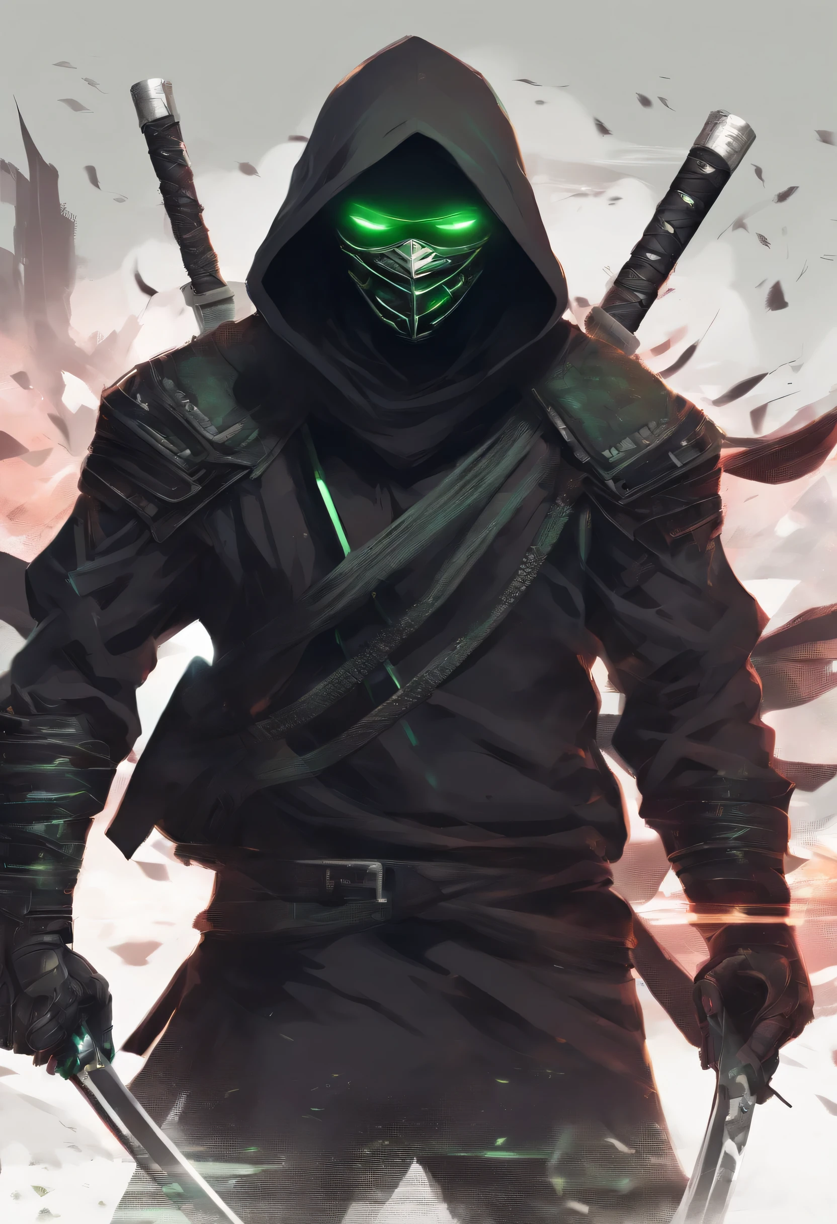 Ninja boy with black hood and black mask with white hair and green eyes, carregando armas de fogo