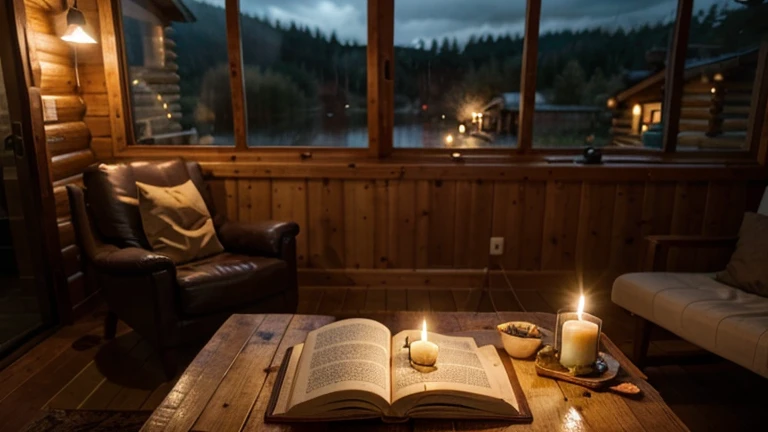 inside a very cozy cabin near a window, where there is pasta and books, candles, a rainy night