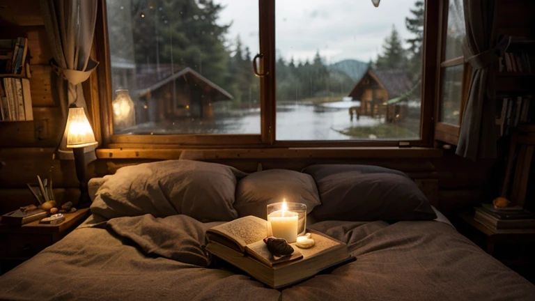 inside a very cozy cabin near a window, where there is pasta and books, candles, a rainy night