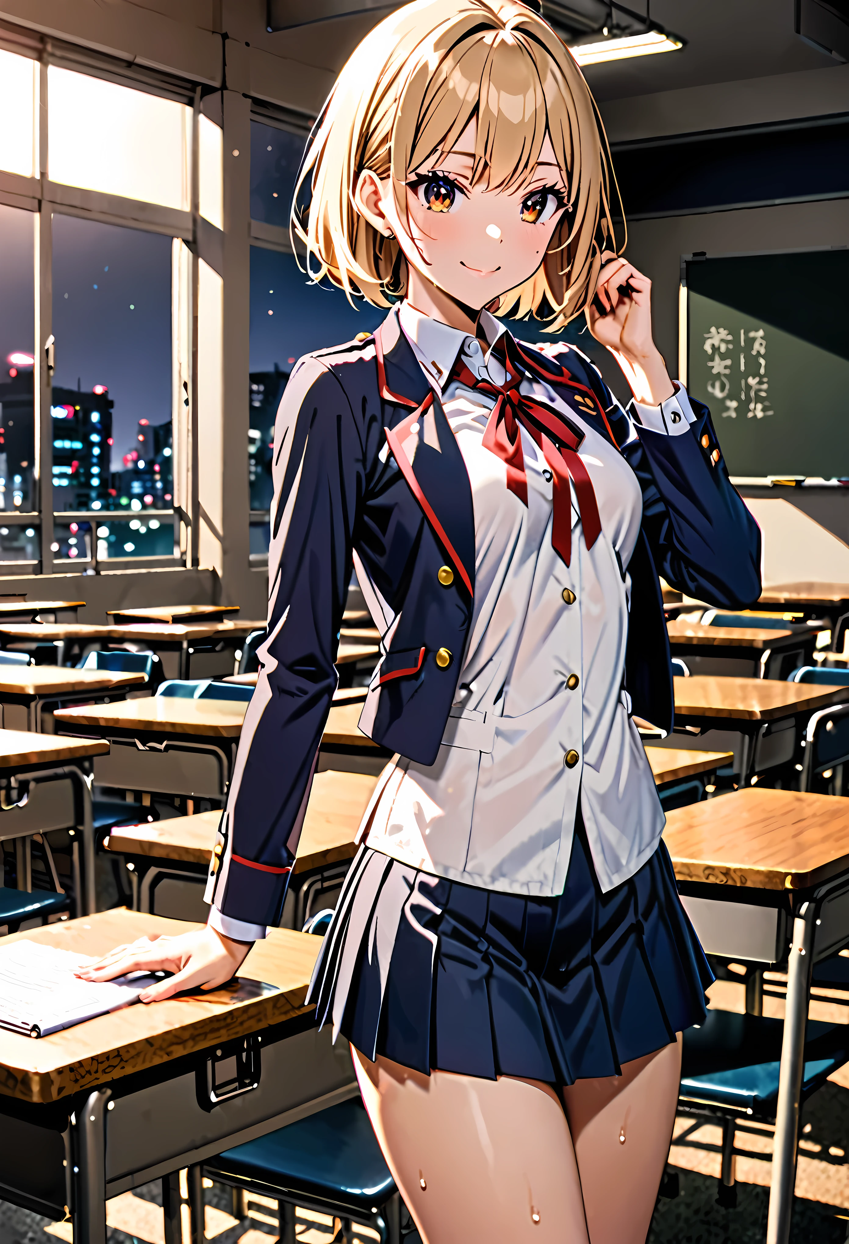 1 female,The perfect 20 years old,gal,((ideal ratio body proportions:1.3,small head:1.7)),((dark brown skin)),((high quality anime, 8k,masterpiece,Perfect Anatomy)),nsfw,(beautiful detailed face and eyes,gorgeous eye:1.3), BREAK ,brown eyes, BREAK ,blonde hair,short bob hair,bangs, BREAK shy,smile,cowboy shot,small breasts,slender body, toned body,skinny,sweat, BREAK ,Academy Clothes、Dark blue blazer jacket、Red ribbon tie、pleated navy mini skirt, BREAK ,classroom、Academy、Tokyo、at night、